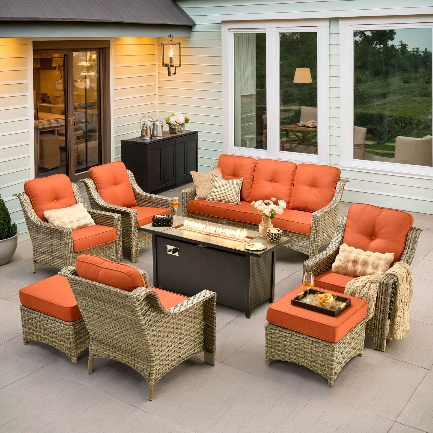 Ovios Outdoor 8 Pieces Coversation Set with 54" Fire Pit Table