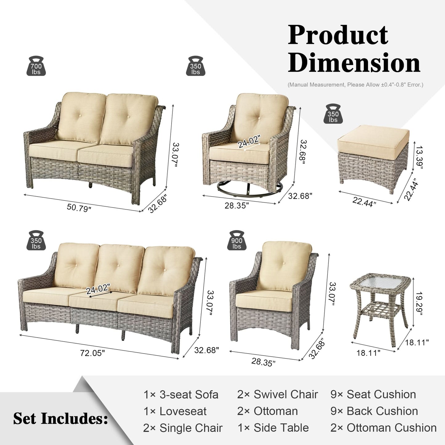 Outdoor 9 Pieces Coversation Set with Swivel Rocking Chair