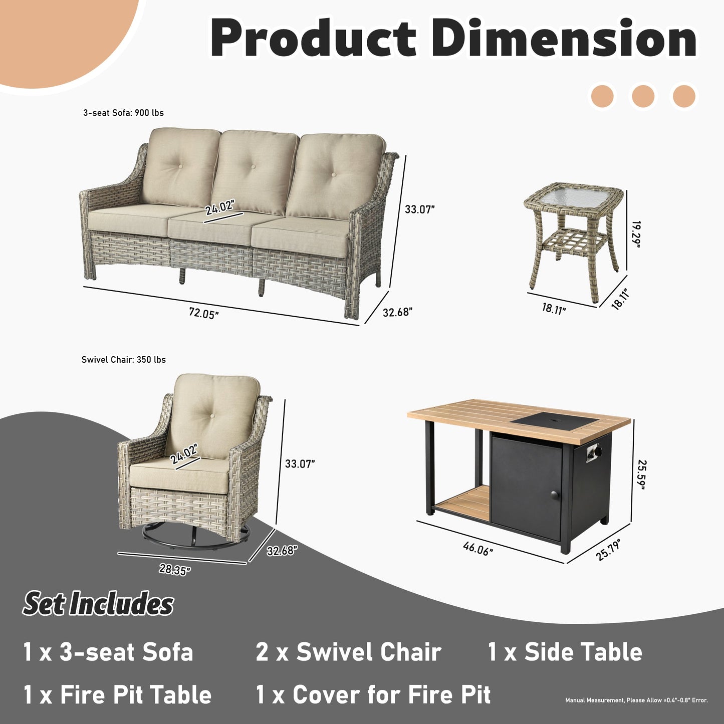 OVIOS Conversation Set 5-Piece PAD Series include Rocking Chair & 47"Fire Pit Table