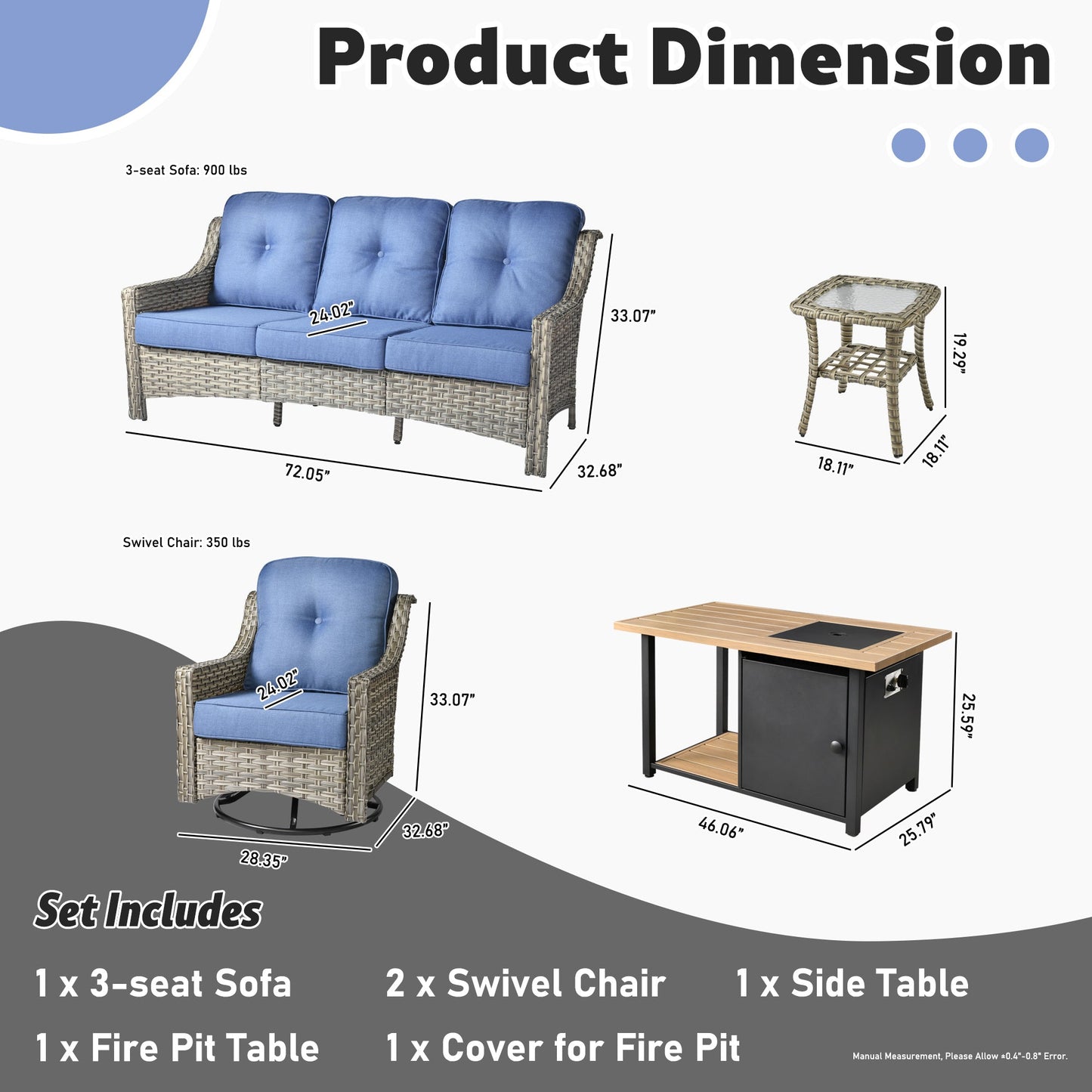 OVIOS Conversation Set 5-Piece PAD Series include Rocking Chair & 47"Fire Pit Table