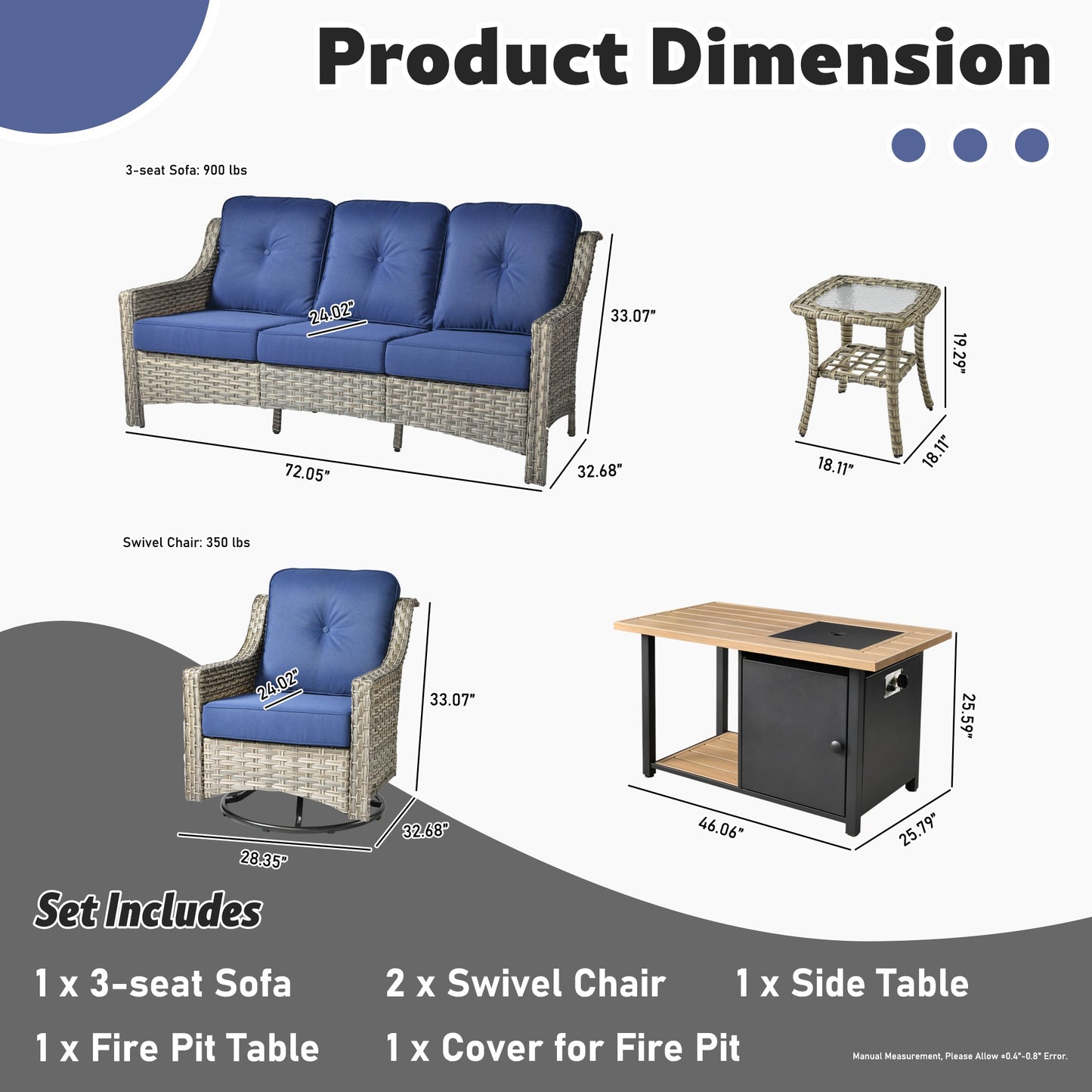 OVIOS Conversation Set 5-Piece PAD Series include Rocking Chair & 47"Fire Pit Table