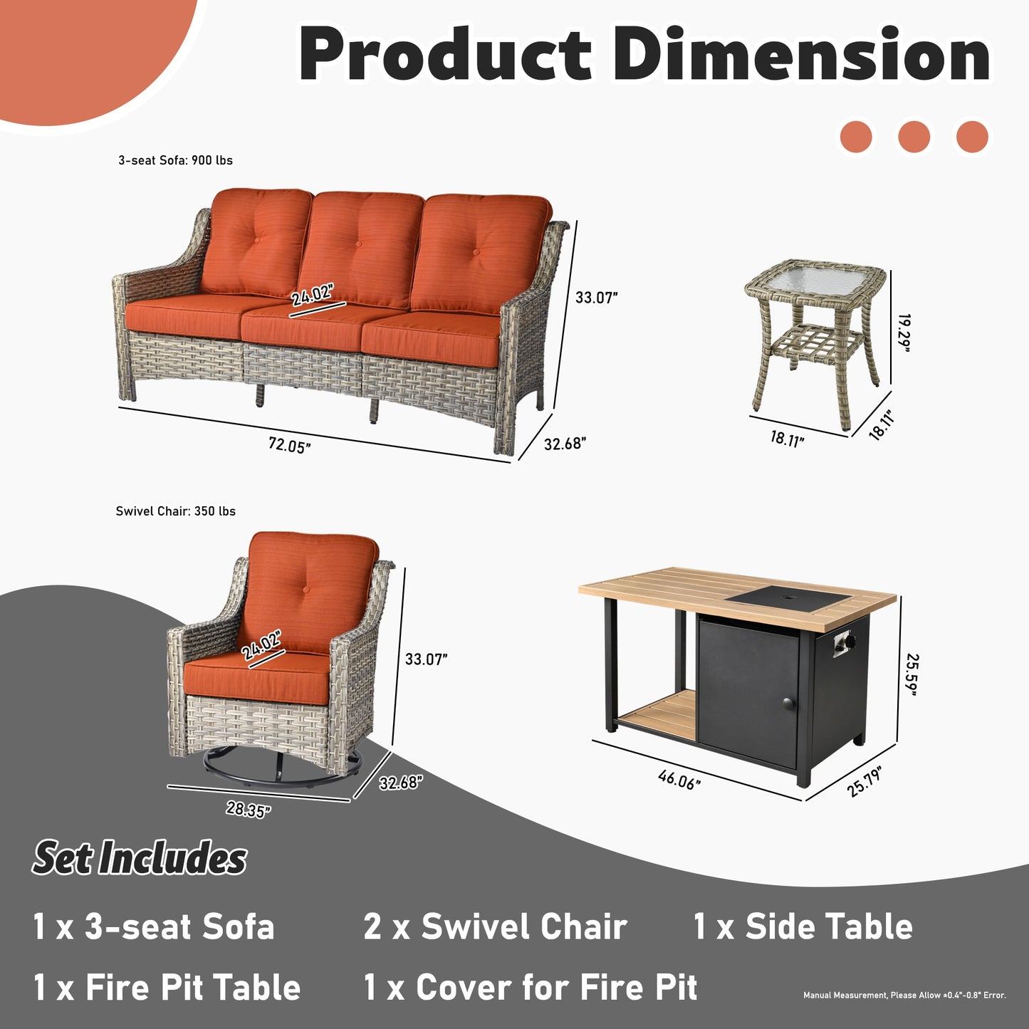 OVIOS Conversation Set 5-Piece PAD Series include Rocking Chair & 47"Fire Pit Table