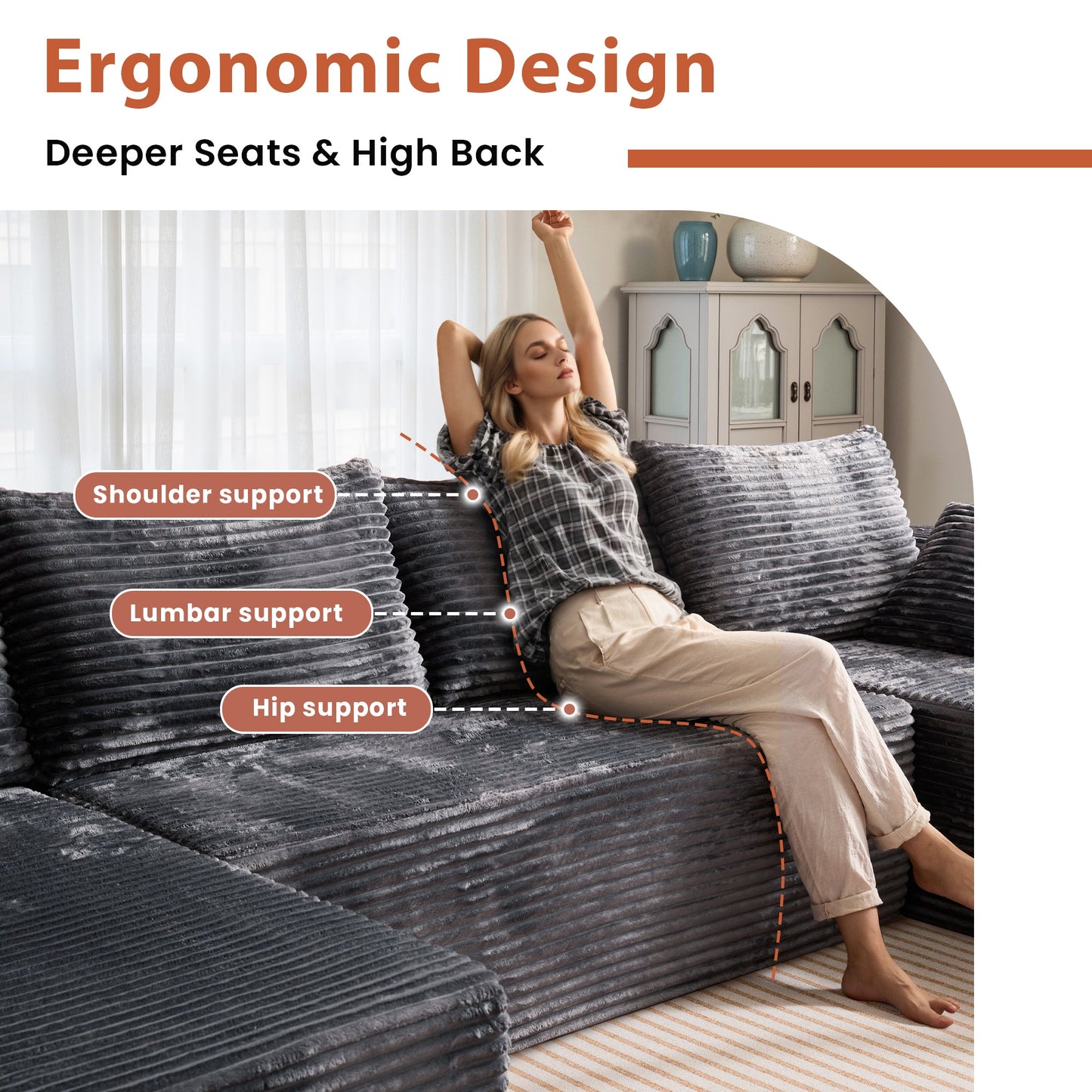 OVIOS 134" U-Shape Modular Couch , Plush Corduroy Fabric, No Assembly Required