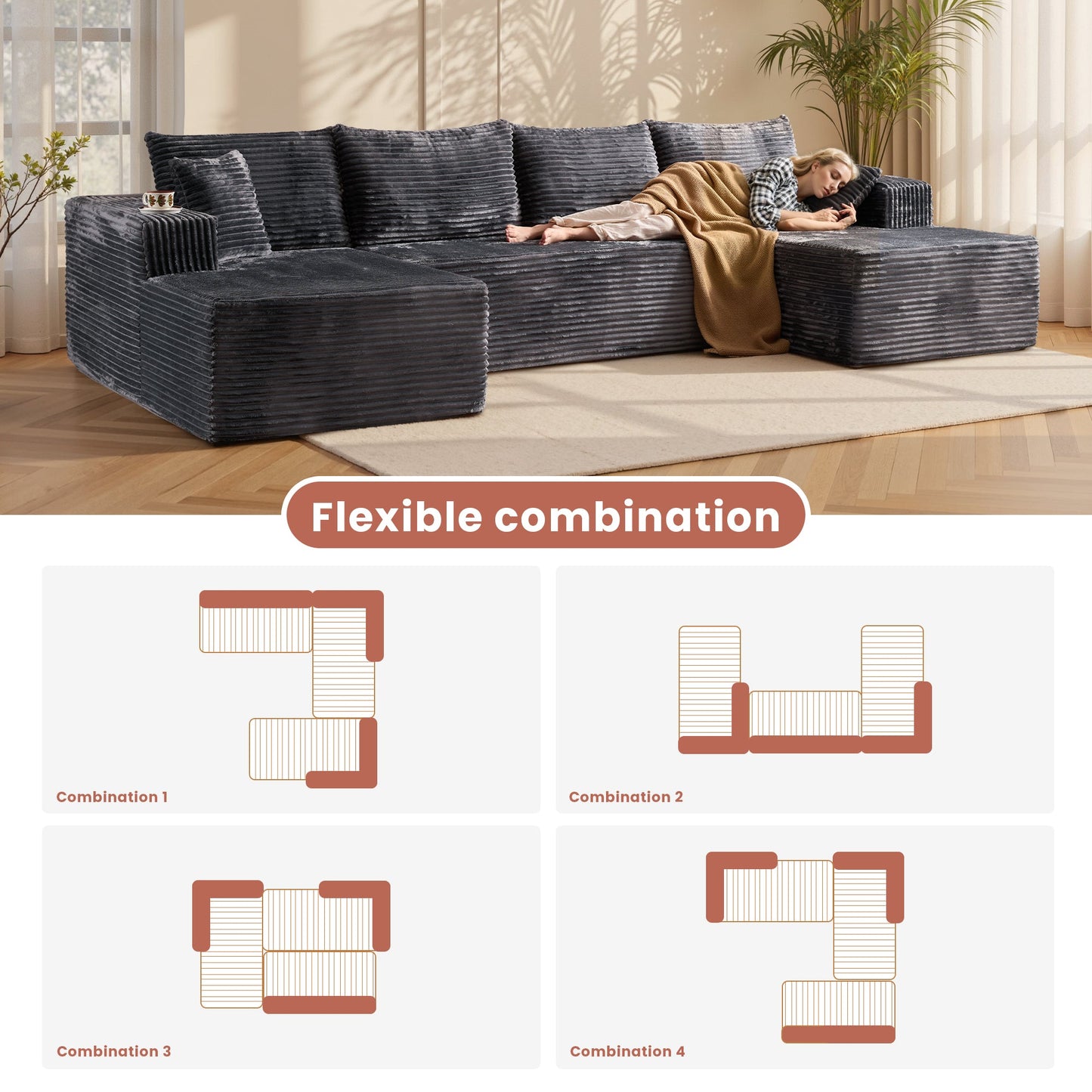 OVIOS 134" U-Shape Modular Couch , Plush Corduroy Fabric, No Assembly Required
