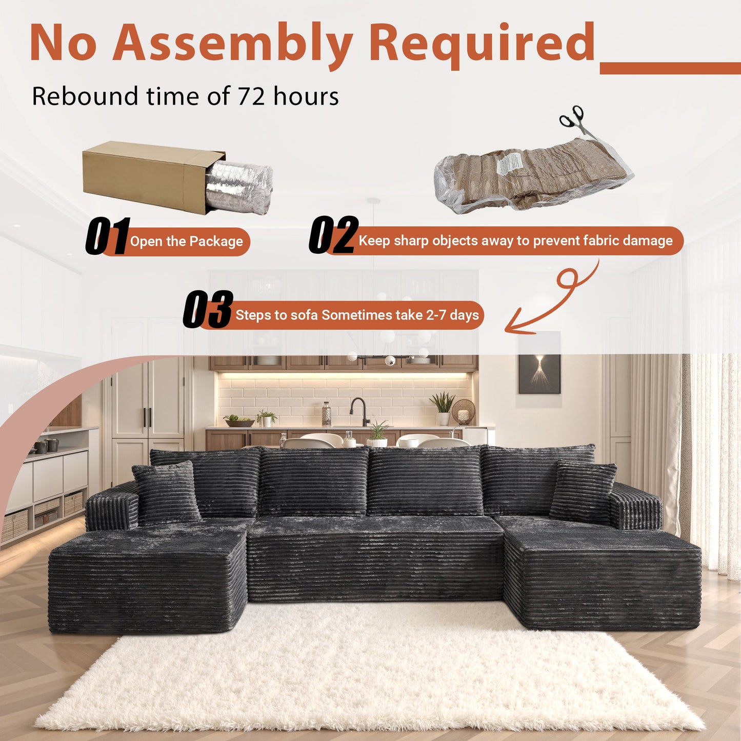 OVIOS 134" U-Shape Modular Couch , Plush Corduroy Fabric, No Assembly Required
