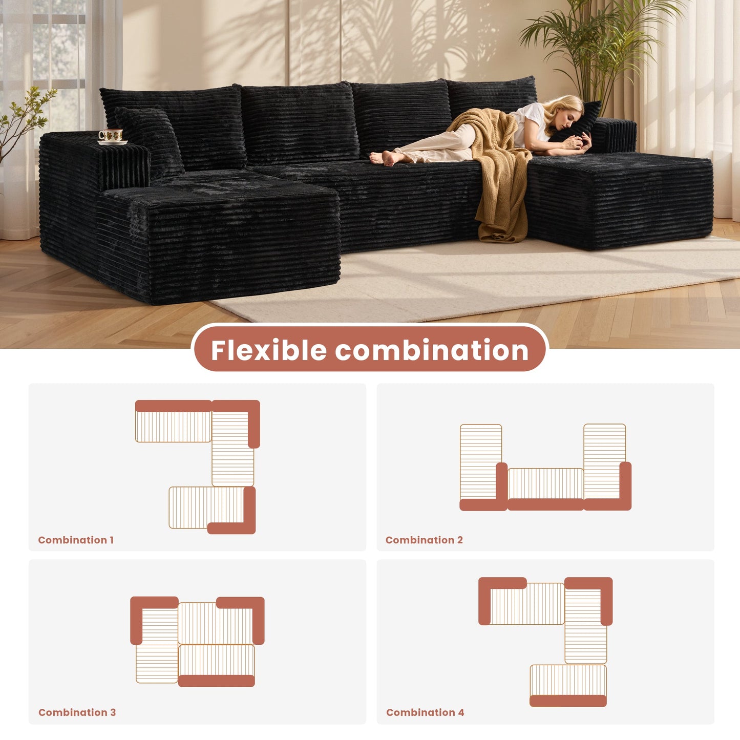 OVIOS 134" U-Shape Modular Couch , Plush Corduroy Fabric, No Assembly Required