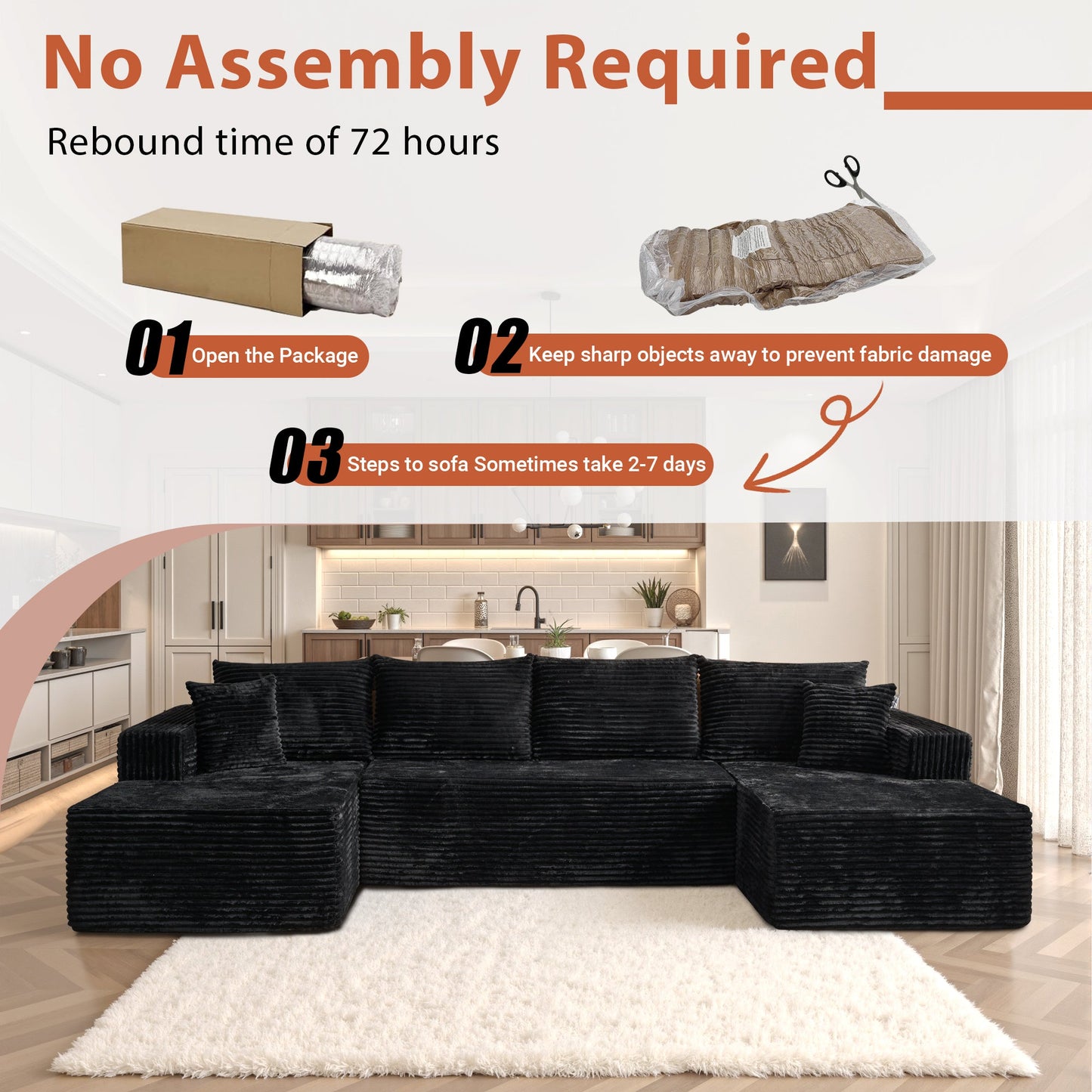 OVIOS 134" U-Shape Modular Couch , Plush Corduroy Fabric, No Assembly Required
