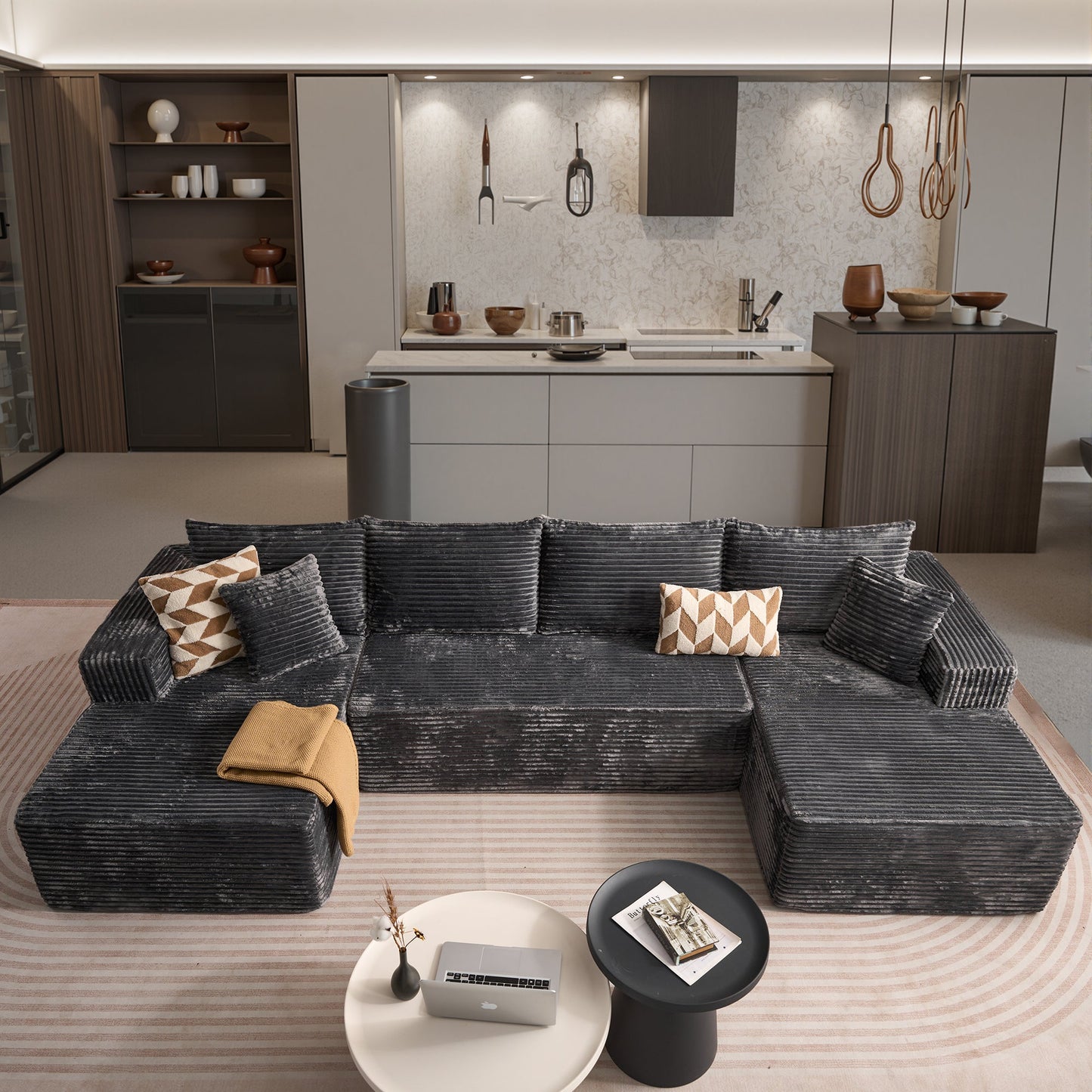OVIOS 134" U-Shape Modular Couch , Plush Corduroy Fabric, No Assembly Required