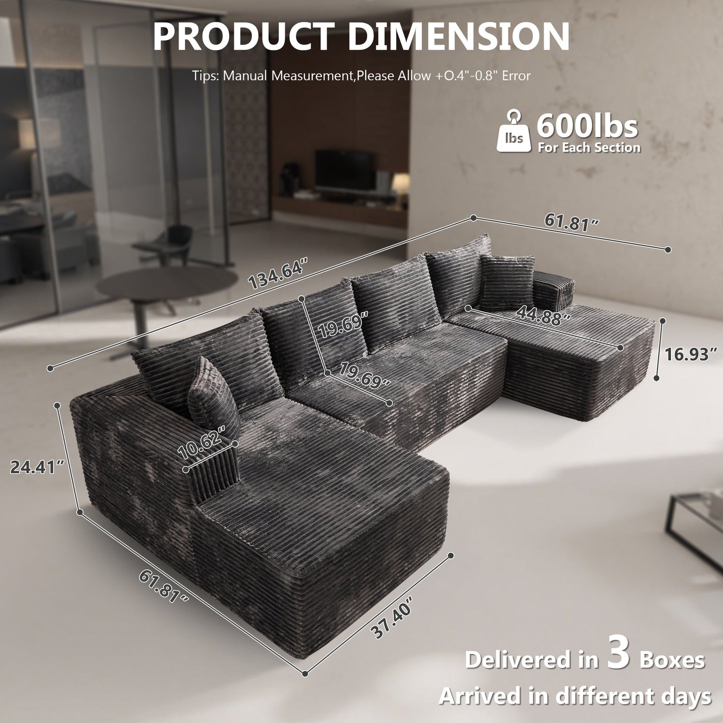 OVIOS 134" U-Shape Modular Couch , Plush Corduroy Fabric, No Assembly Required
