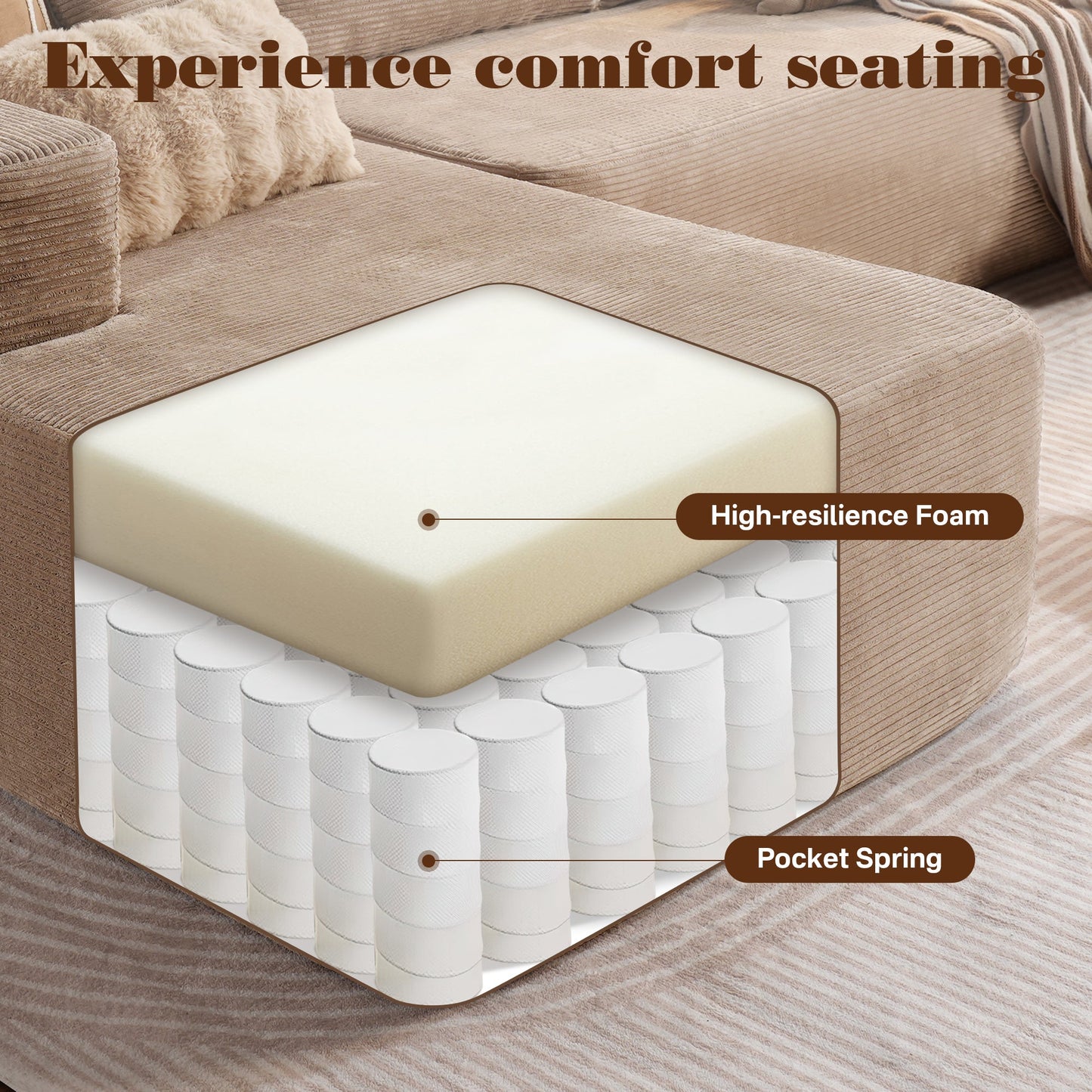 OVIOS 104" L-Shape Modular Couch with Chaise, Plush Corduroy Fabric, No Assembly Required