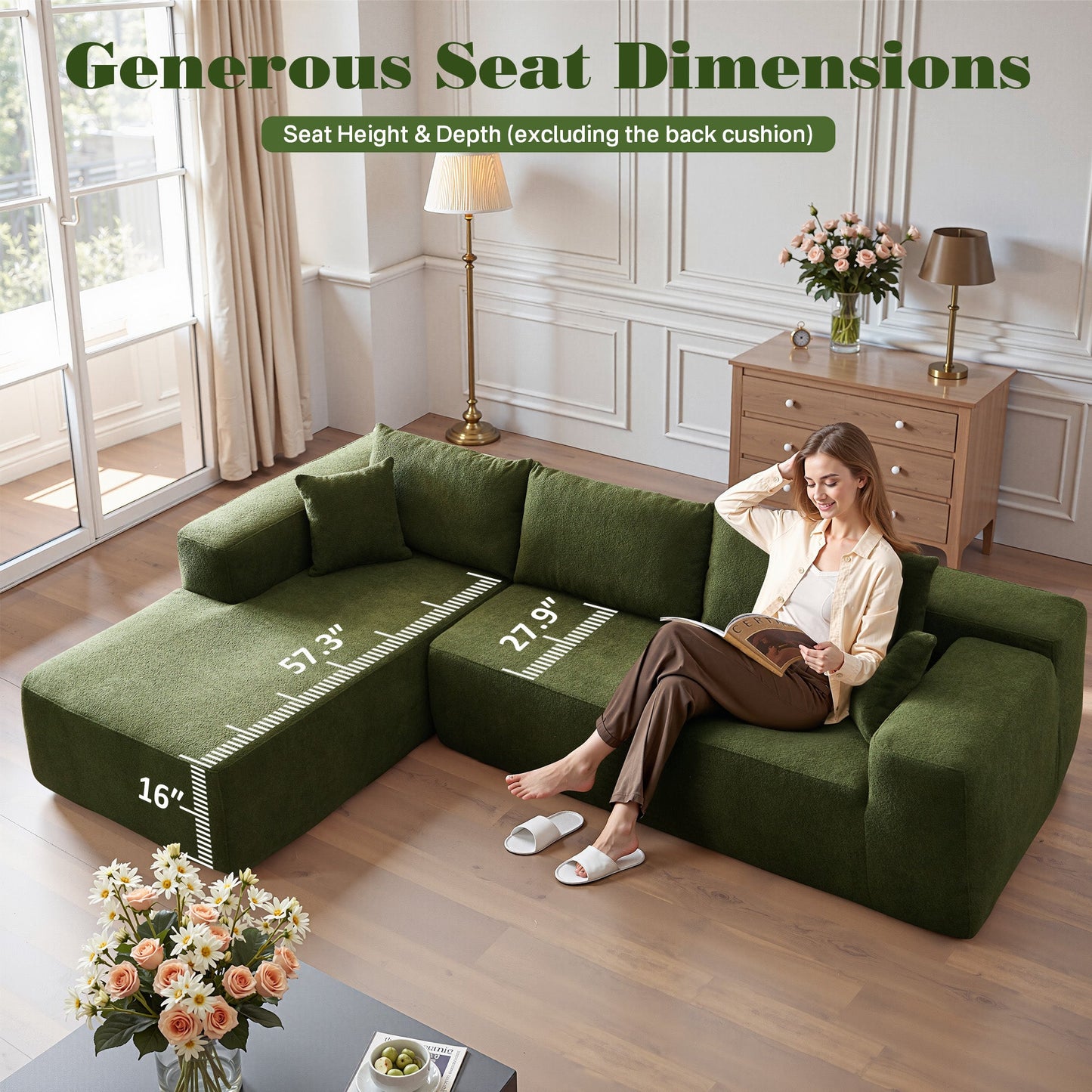 OVIOS 104" L-Shape Modular Couch with Chaise, Plush Corduroy Fabric, No Assembly Required