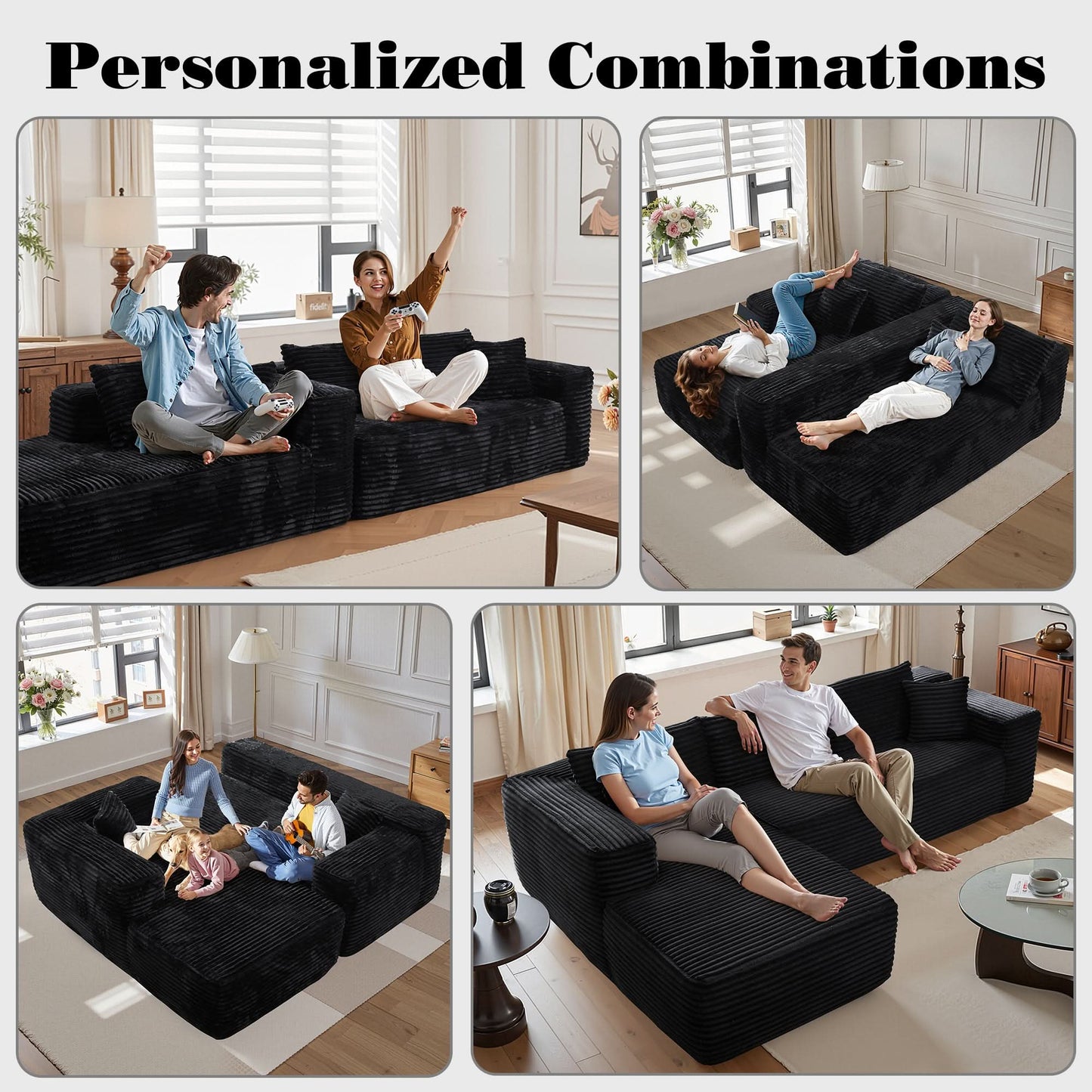 OVIOS Modern 3-Piece Sectional Sofa Set With Loveseat & Chaise Lounge, No-Assembly Design