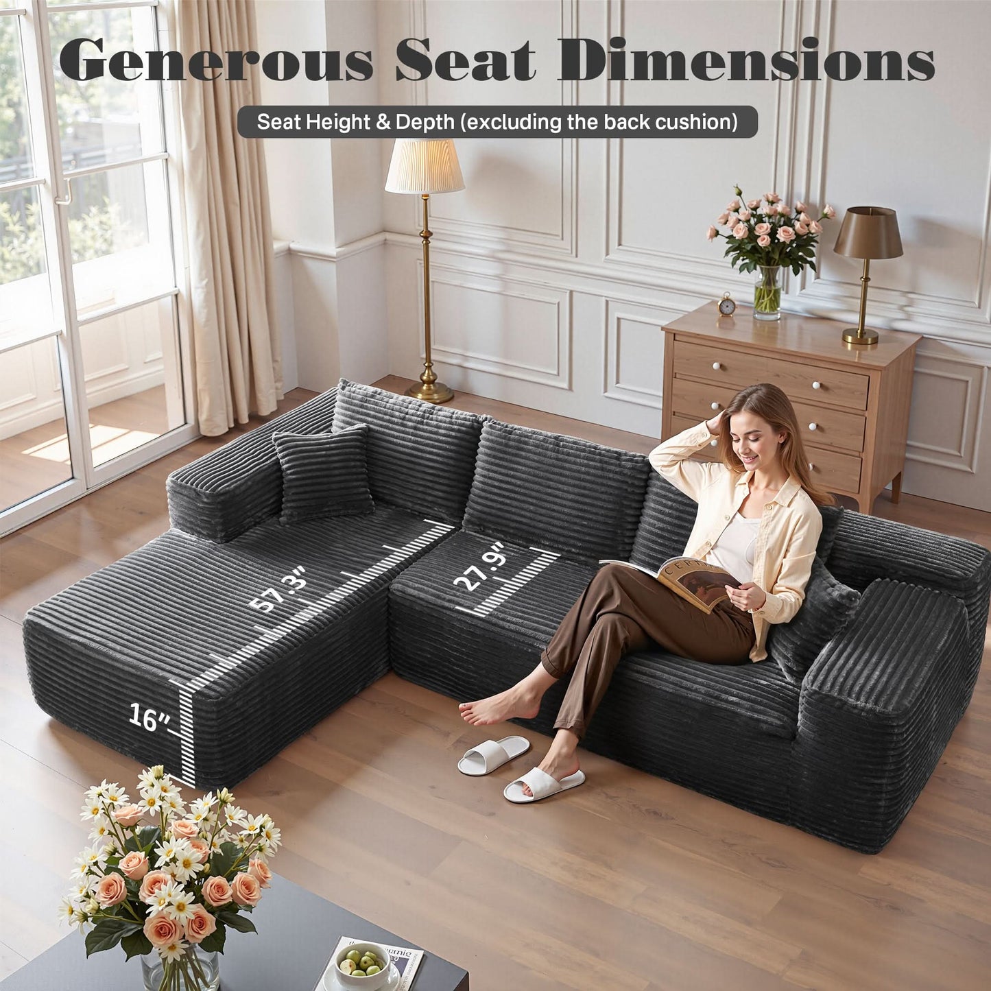 OVIOS Modern 3-Piece Sectional Sofa Set With Loveseat & Chaise Lounge, No-Assembly Design