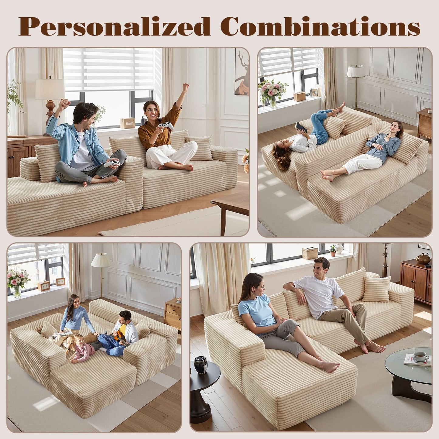OVIOS Modern 3-Piece Sectional Sofa Set With Loveseat & Chaise Lounge, No-Assembly Design
