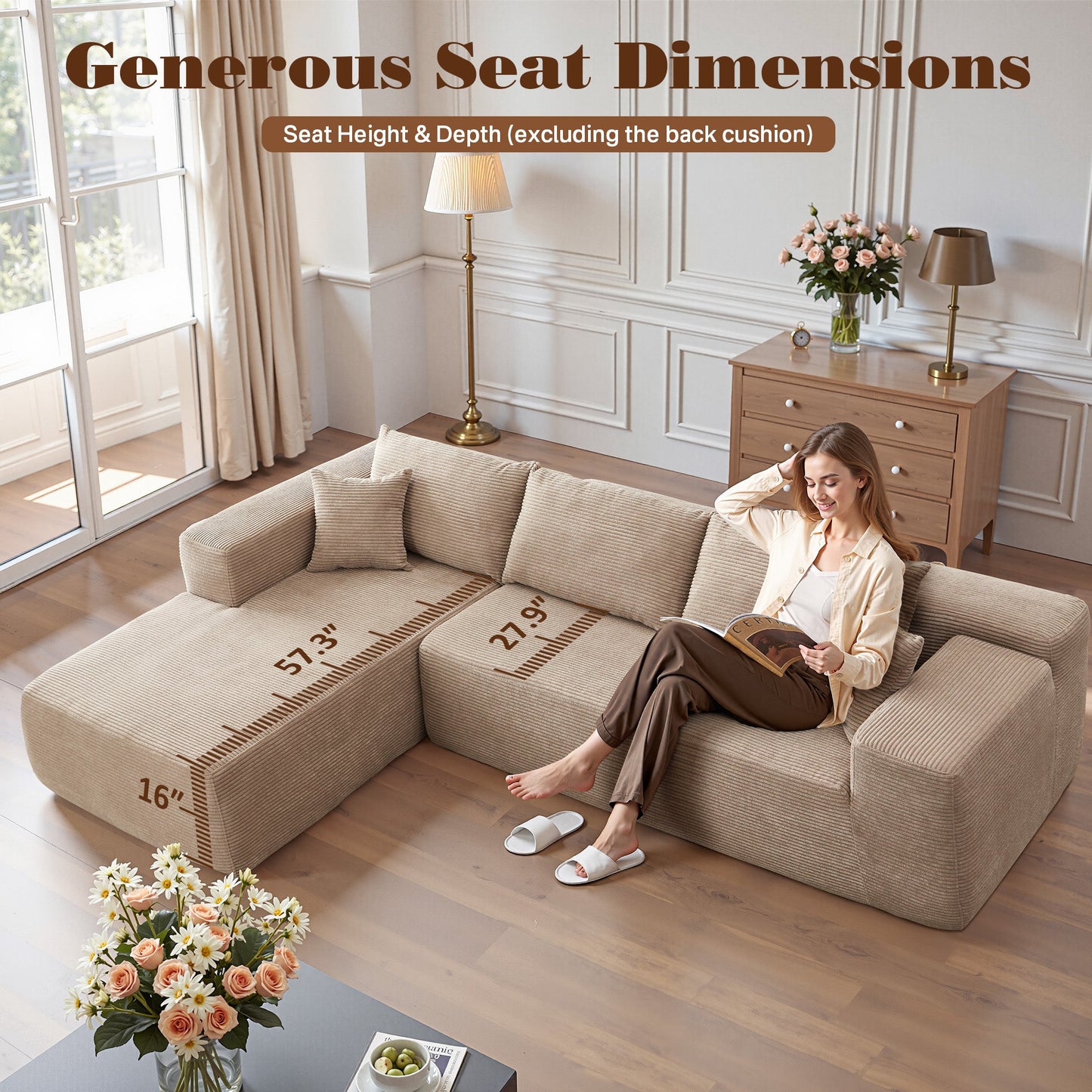 OVIOS 104" L-Shape Modular Couch with Chaise, Plush Corduroy Fabric, No Assembly Required