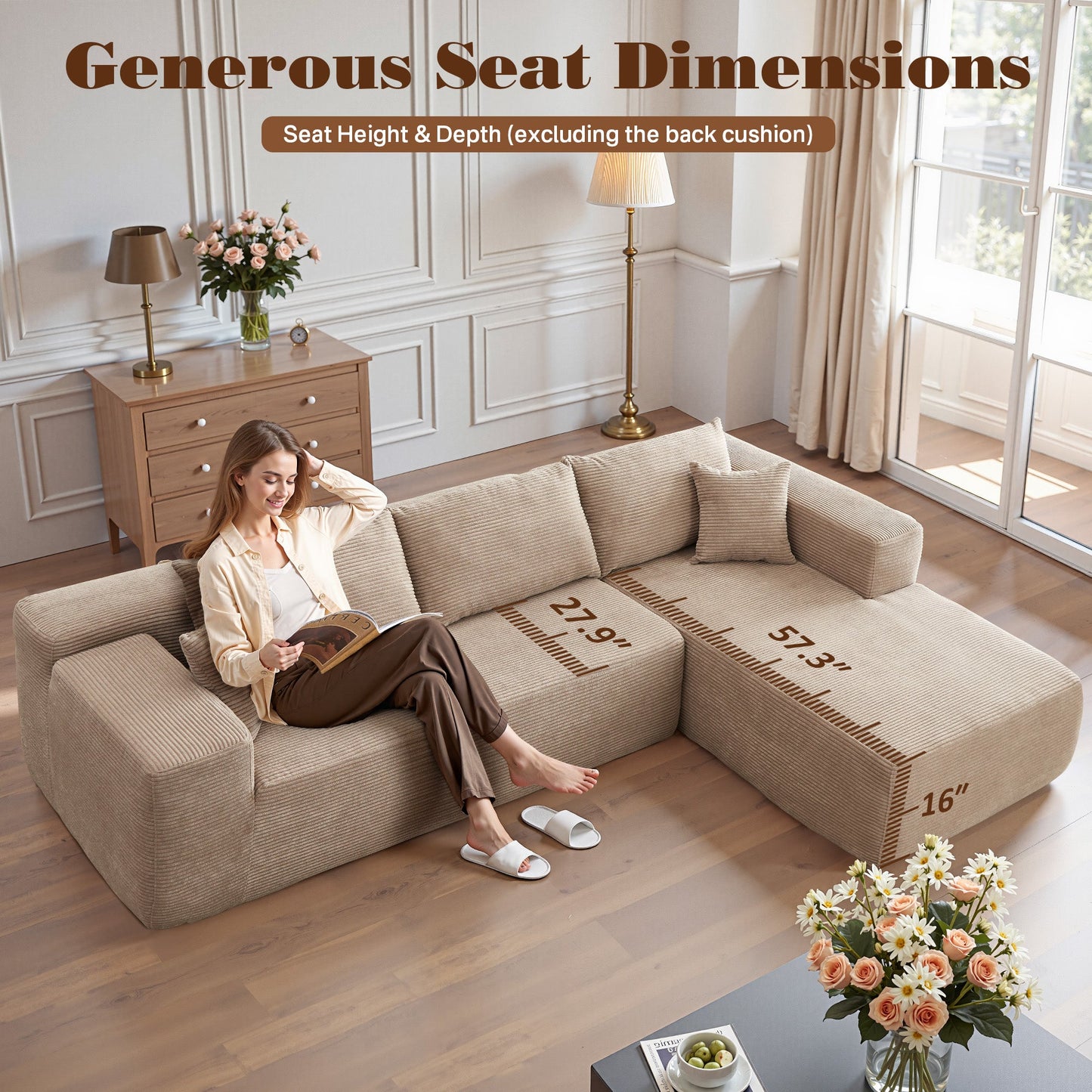 OVIOS 104" L-Shape Modular Couch with Chaise, Plush Corduroy Fabric, No Assembly Required