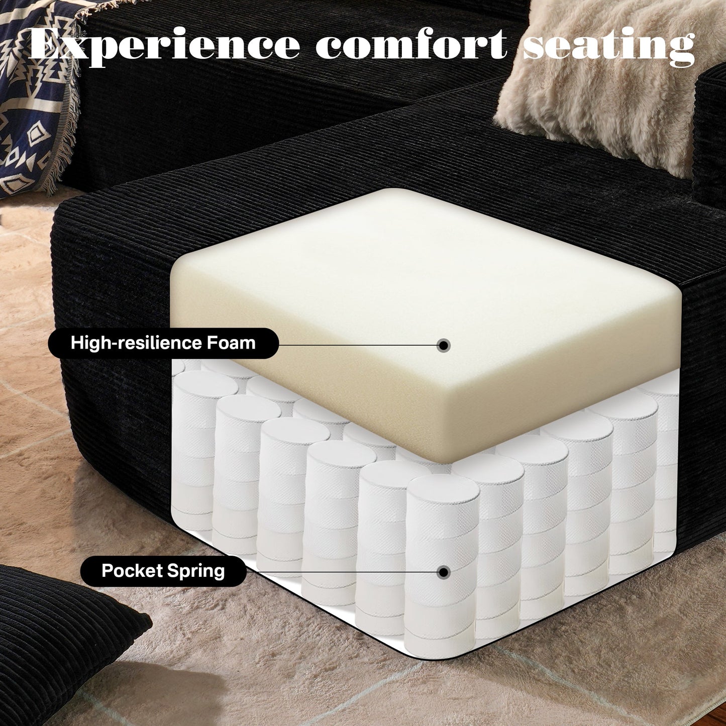 OVIOS 104" L-Shape Modular Couch with Chaise, Plush Corduroy Fabric, No Assembly Required