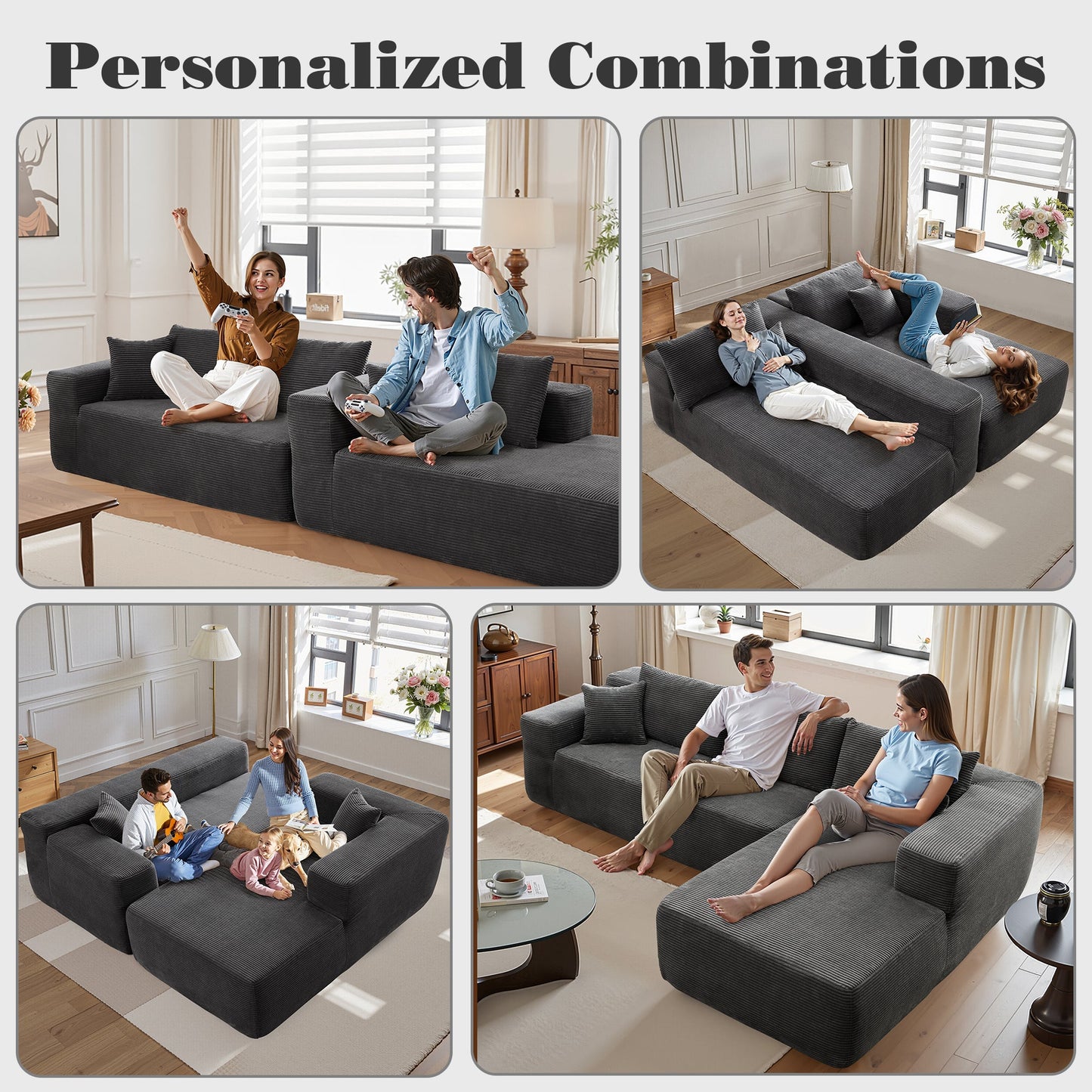 OVIOS 104" L-Shape Modular Couch with Chaise, Plush Corduroy Fabric, No Assembly Required