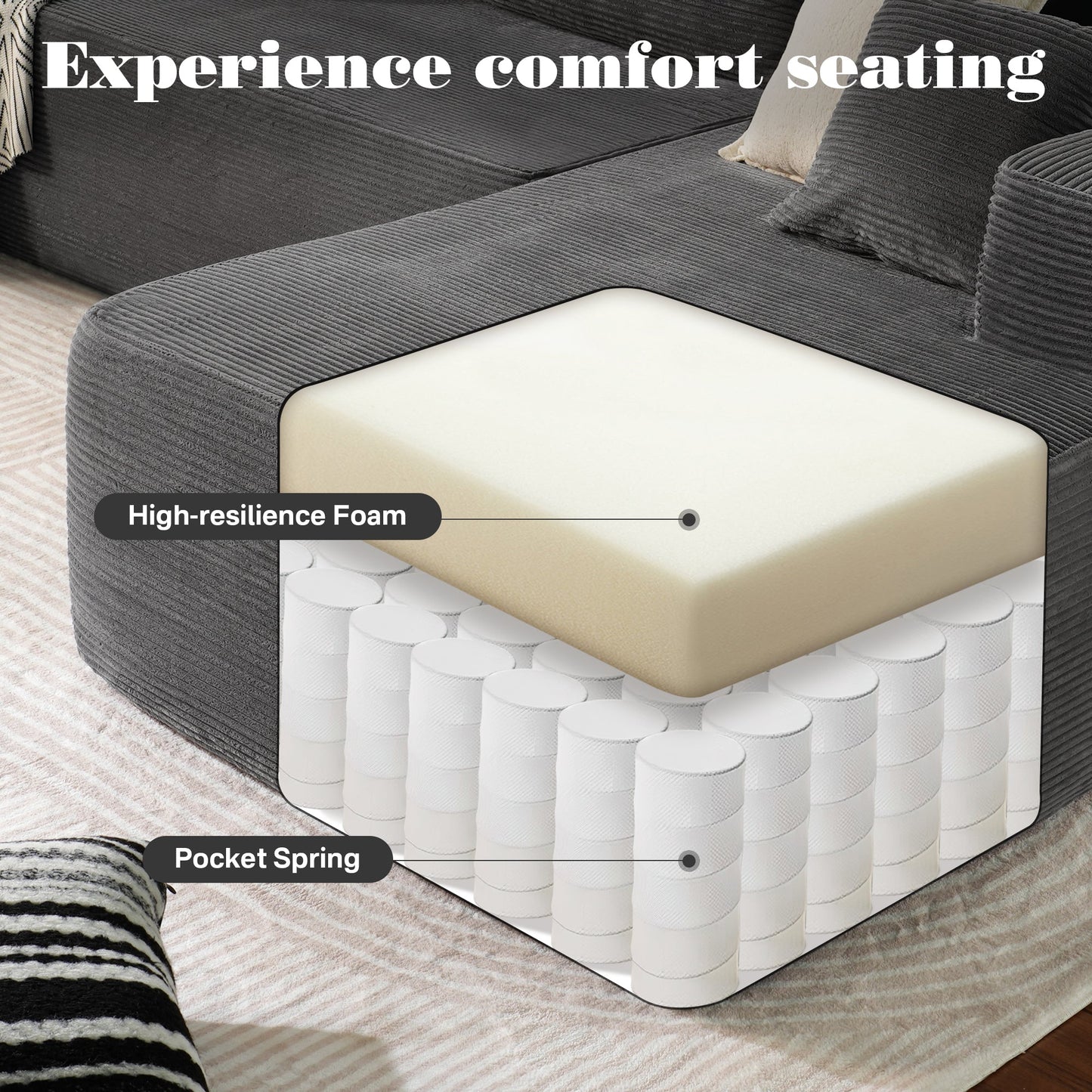 OVIOS 104" L-Shape Modular Couch with Chaise, Plush Corduroy Fabric, No Assembly Required