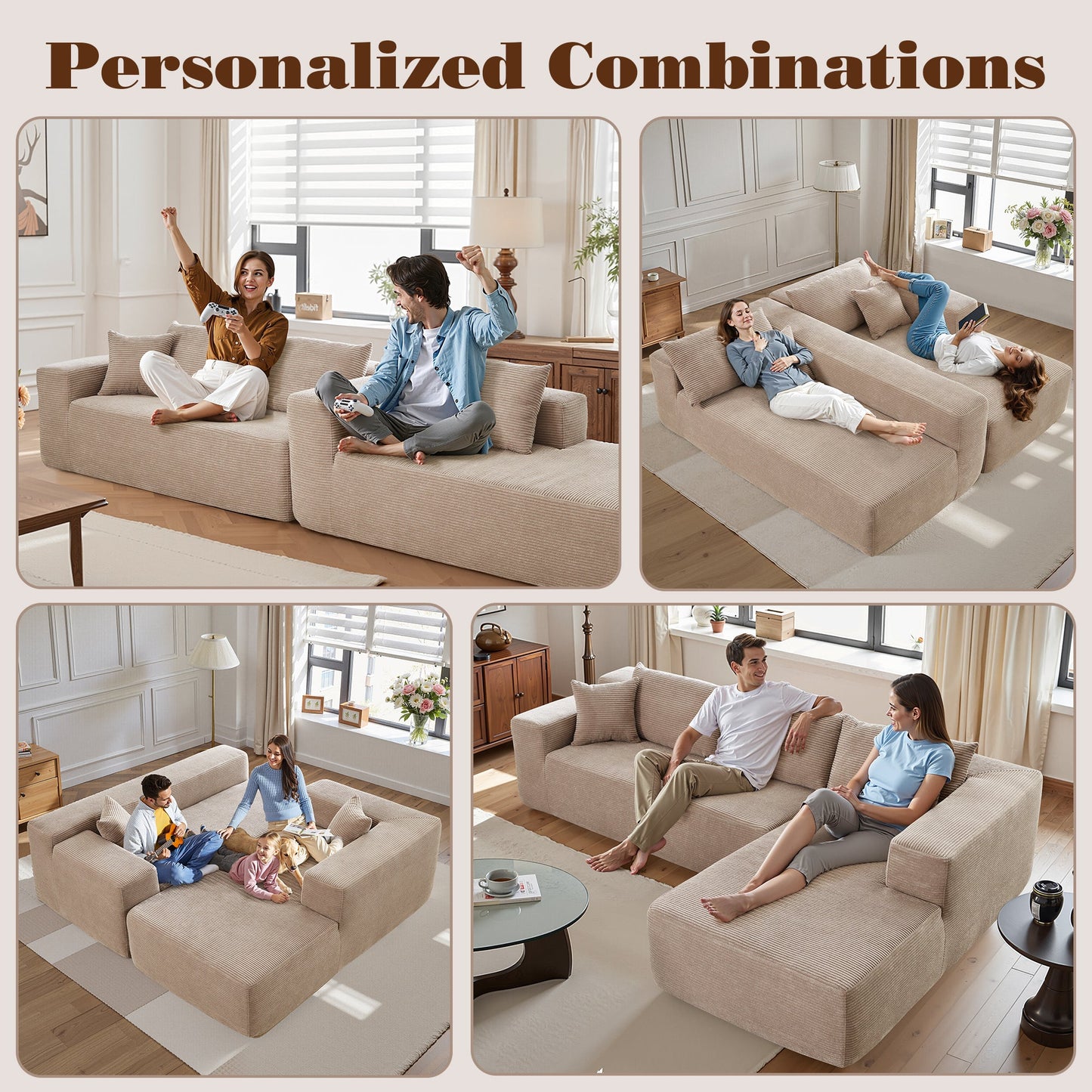 OVIOS 104" L-Shape Modular Couch with Chaise, Plush Corduroy Fabric, No Assembly Required