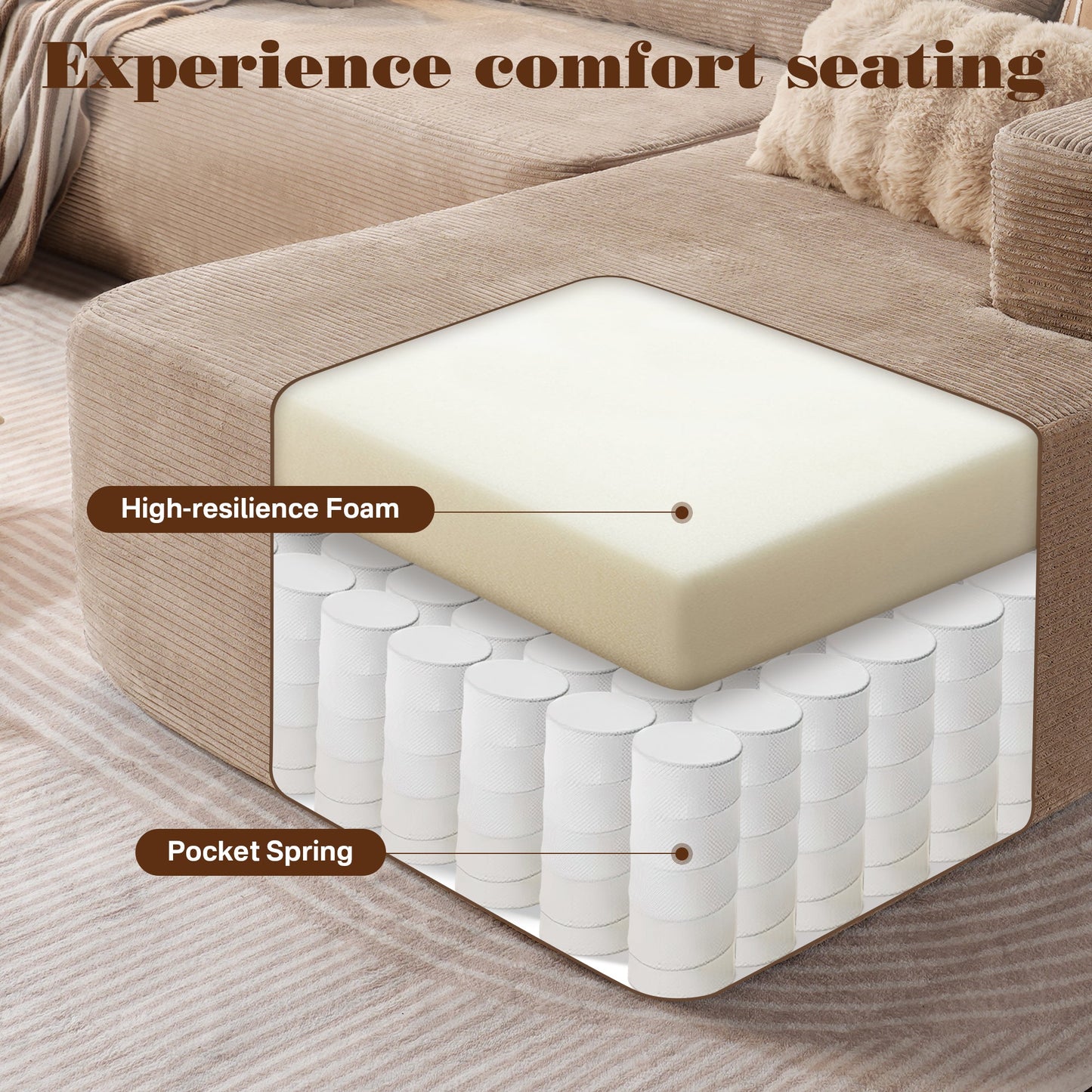 OVIOS 104" L-Shape Modular Couch with Chaise, Plush Corduroy Fabric, No Assembly Required
