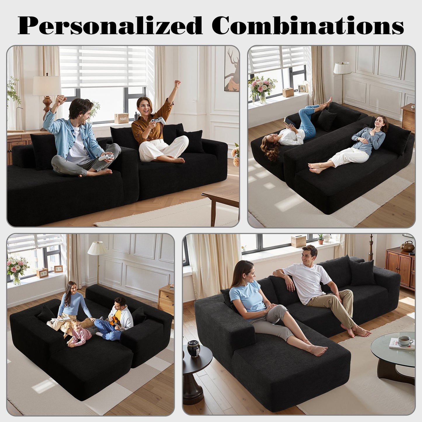 OVIOS 104" L-Shape Modular Couch with Chaise, Plush Corduroy Fabric, No Assembly Required