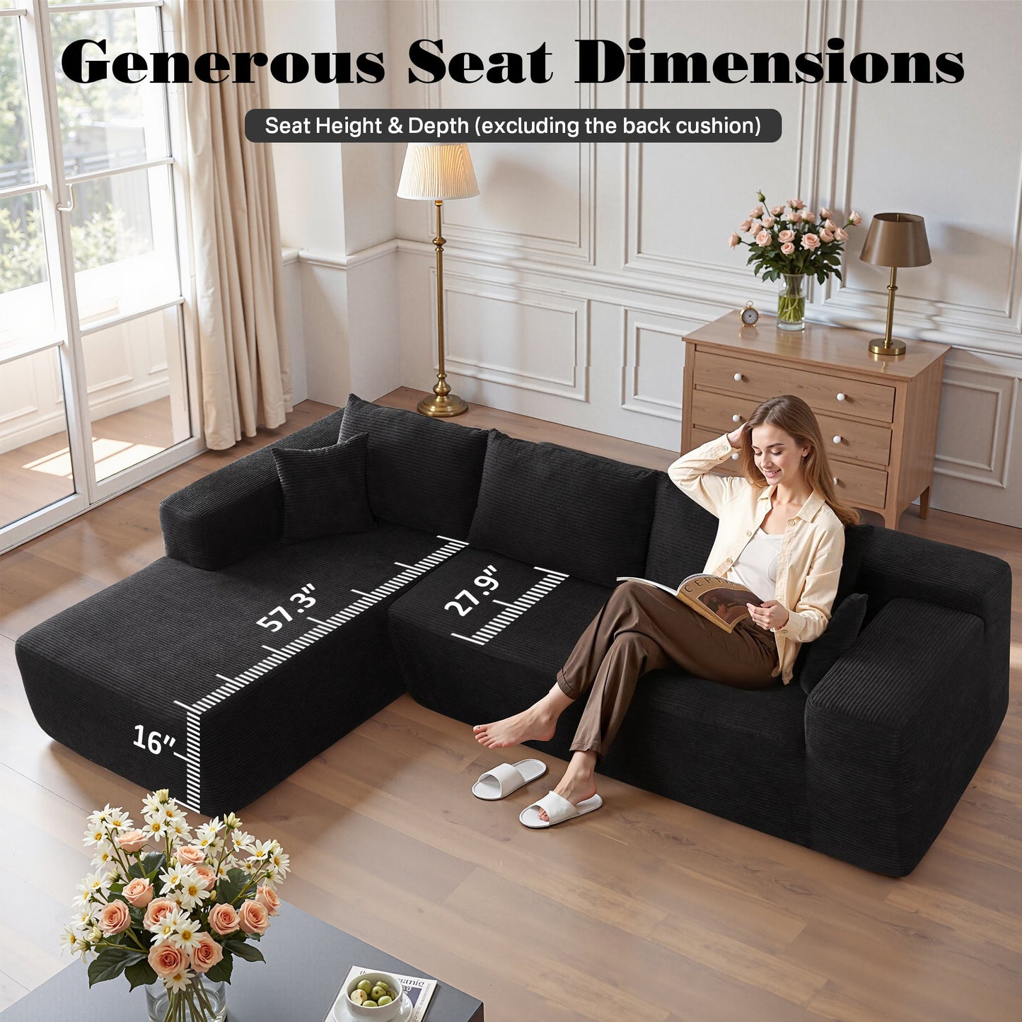 OVIOS 104" L-Shape Modular Couch with Chaise, Plush Corduroy Fabric, No Assembly Required