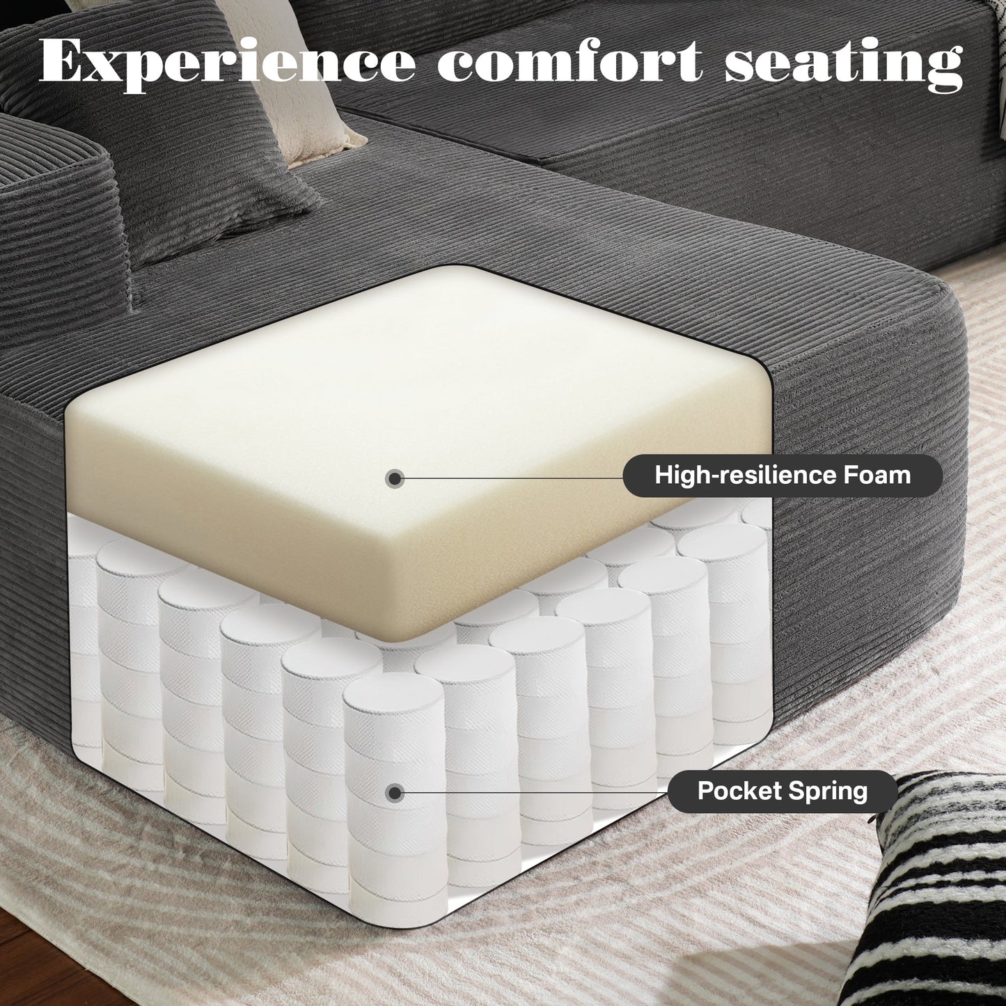 OVIOS 104" L-Shape Modular Couch with Chaise, Plush Corduroy Fabric, No Assembly Required