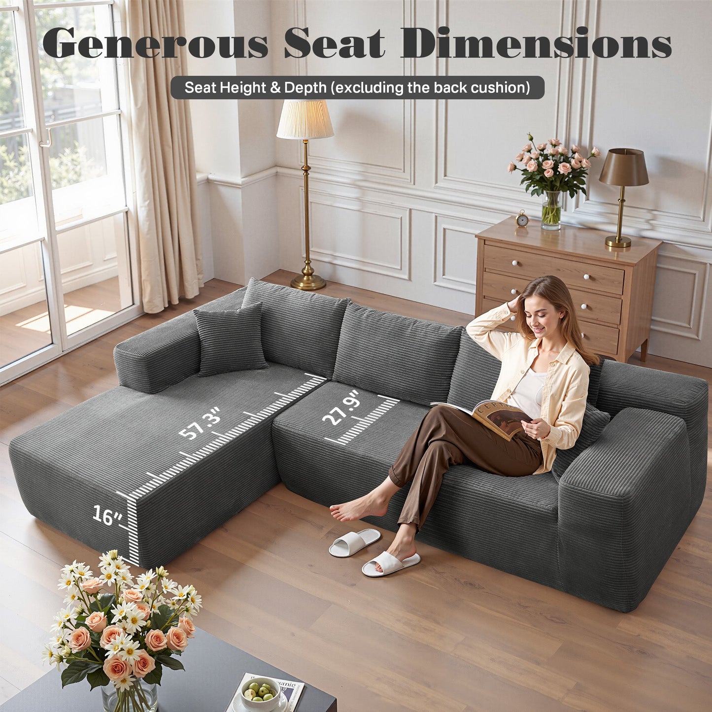 OVIOS 104" L-Shape Modular Couch with Chaise, Plush Corduroy Fabric, No Assembly Required