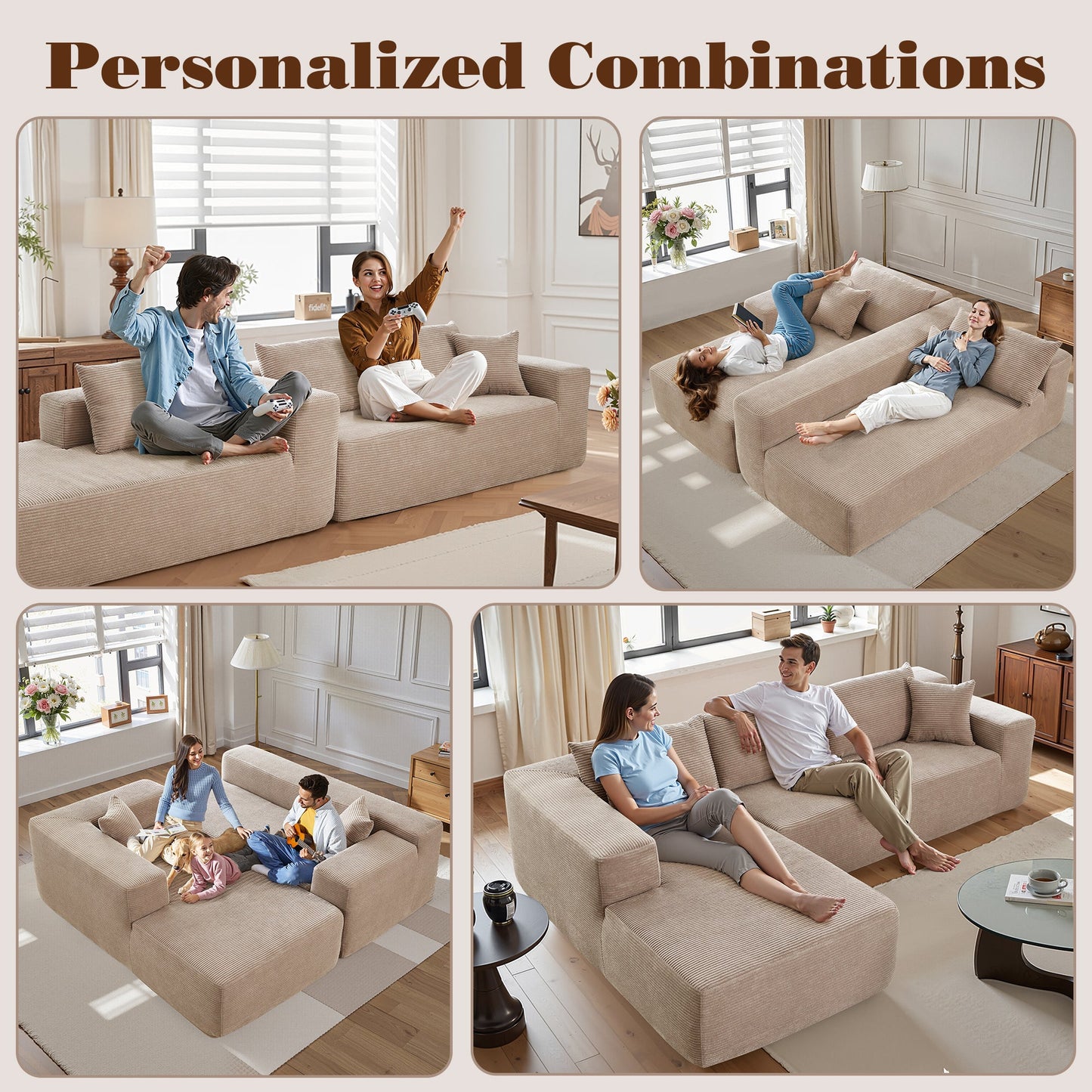 OVIOS 104" L-Shape Modular Couch with Chaise, Plush Corduroy Fabric, No Assembly Required