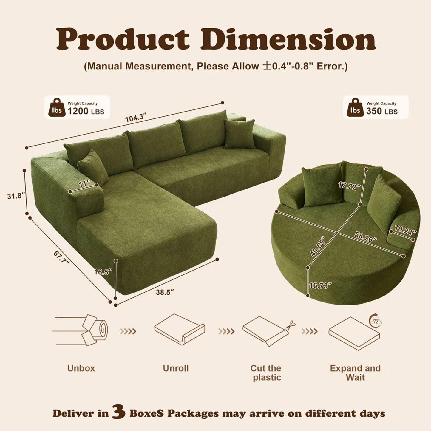OVIOS Modern 3-Piece Sectional Sofa Set With Loveseat & Chaise Lounge, No-Assembly Design