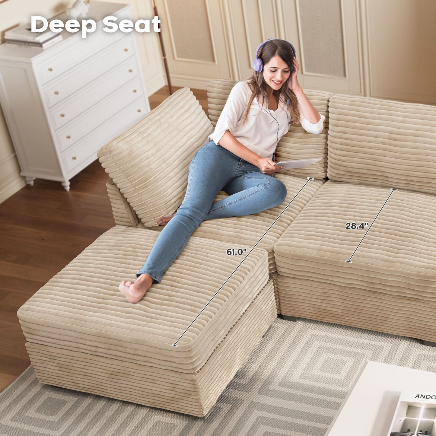 OVIOS Living Room Modular Couch 5-Pieces Set, 1 Wale Plush Corduroy Fabric