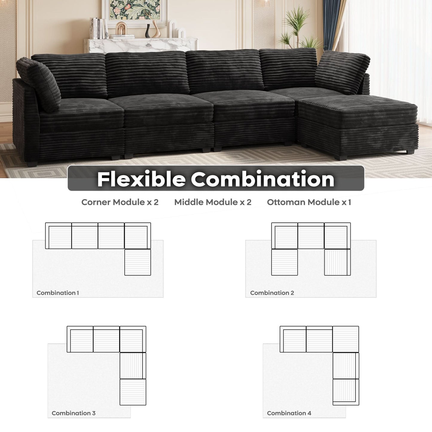 OVIOS Living Room Modular Couch 5-Pieces Set, 1 Wale Plush Corduroy Fabric