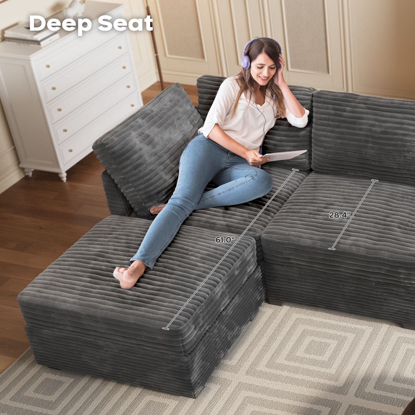 OVIOS Living Room Modular Couch 5-Pieces Set, 1 Wale Plush Corduroy Fabric