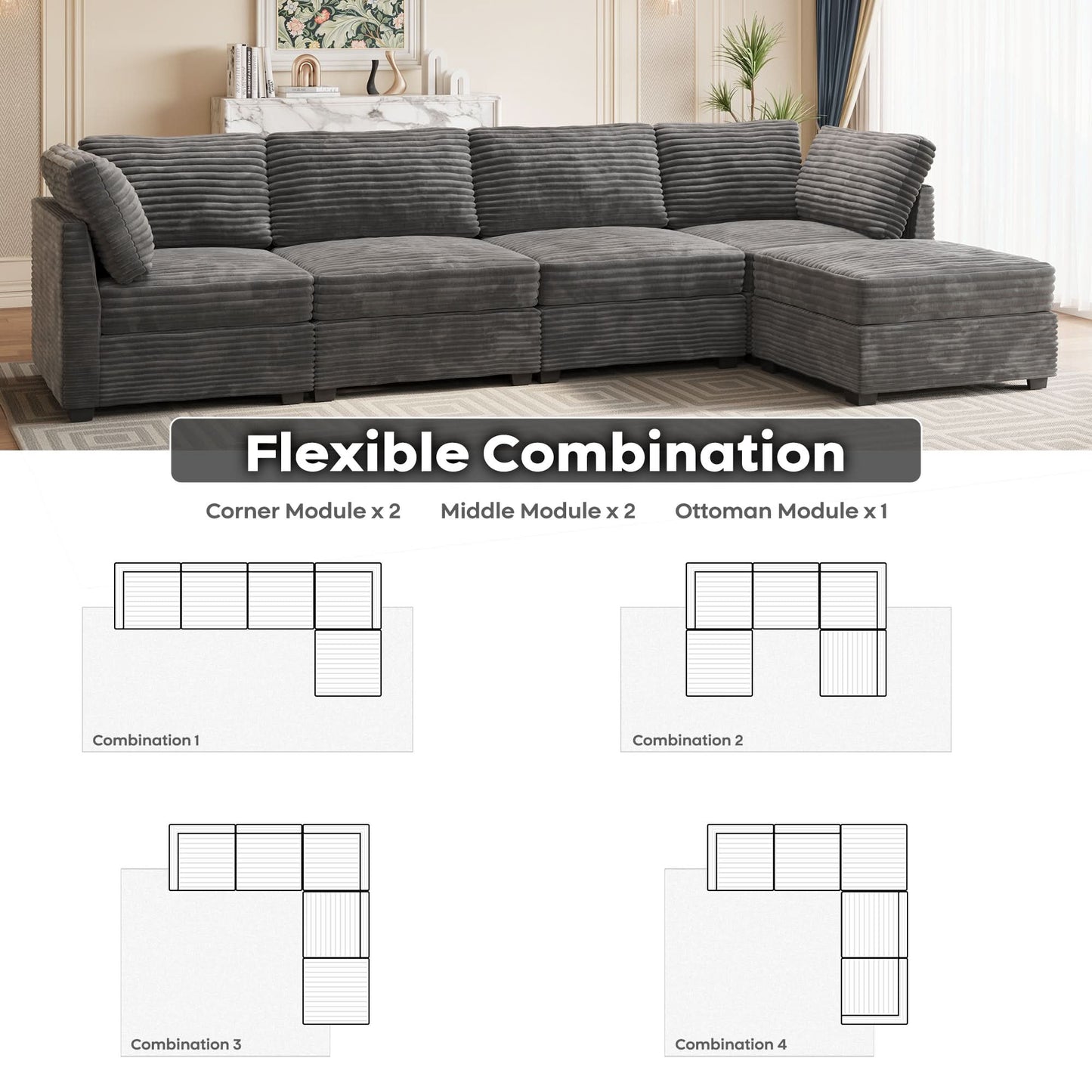 OVIOS Living Room Modular Couch 5-Pieces Set, 1 Wale Plush Corduroy Fabric