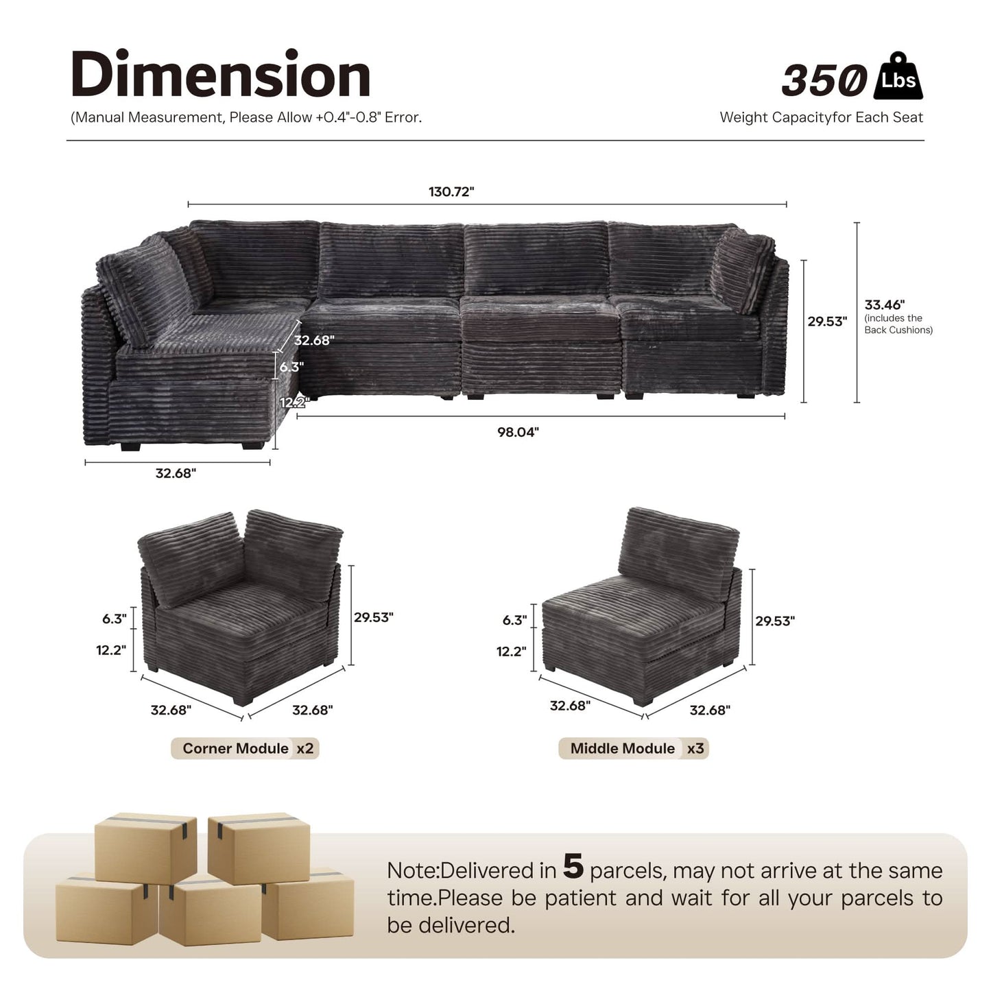Ovios 130.7" Modular Sectional Sofa Couch, L-Shaped Minimalist Couches, Modern Deep Seat Cloud Plush Corduroy Sofas Set