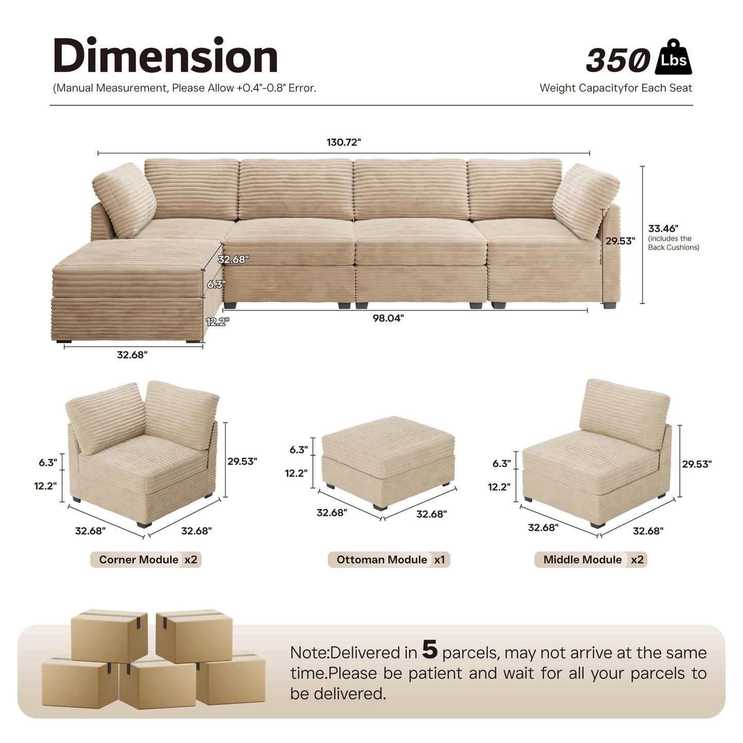 Ovios 130.7" Modular Sectional Sofa Couch, L-Shaped Minimalist Couches, Modern Deep Seat Cloud Plush Corduroy Sofas Set
