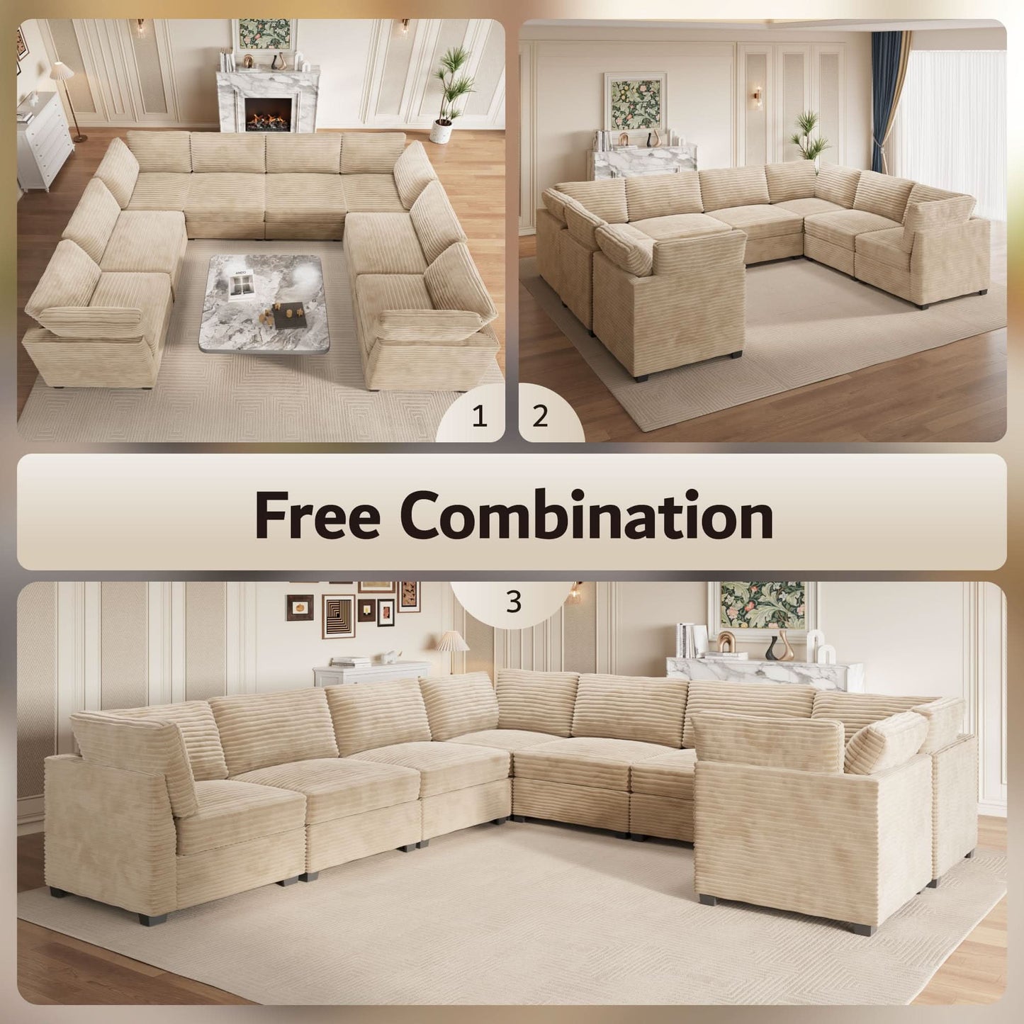 OVIOS 130.7" Modular Sectional Sofa Couch, U-Shaped Minimalist Couches with 2 Oversized Chaise