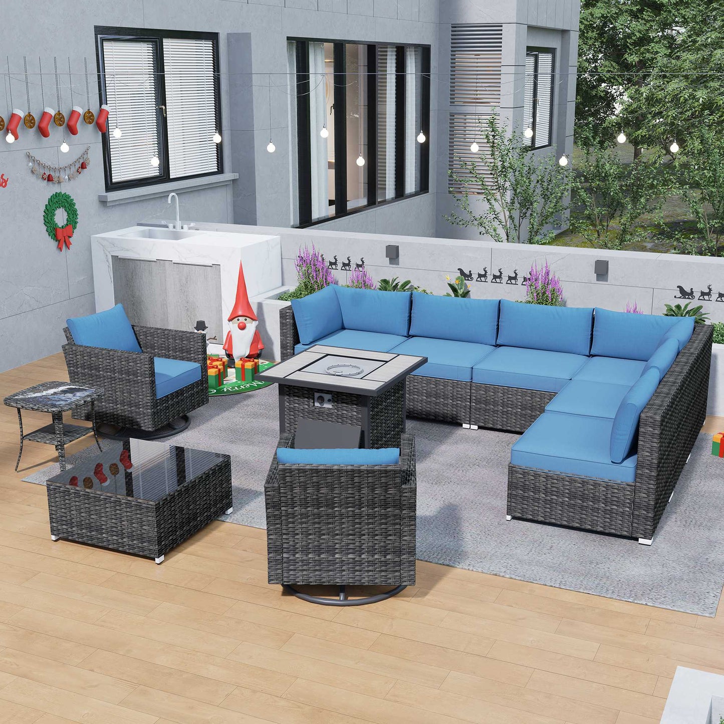 OVIOS Outdoor Sectional Furniture 11-Piece with Rocking Chair and 30'' Fire Pit Table