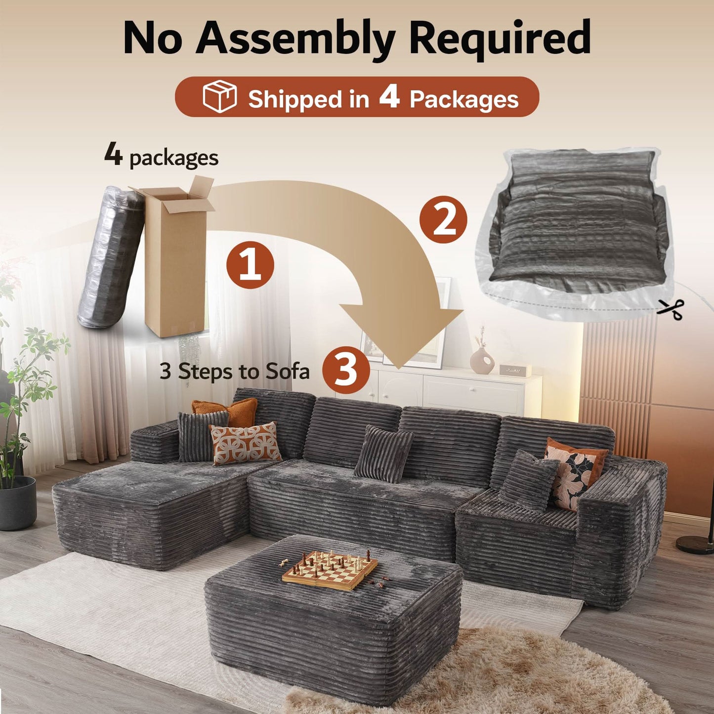 OVIOS Modular Sectional Cloud Couch, Plush Corduroy Sofa with Memory Foam, No Assembly