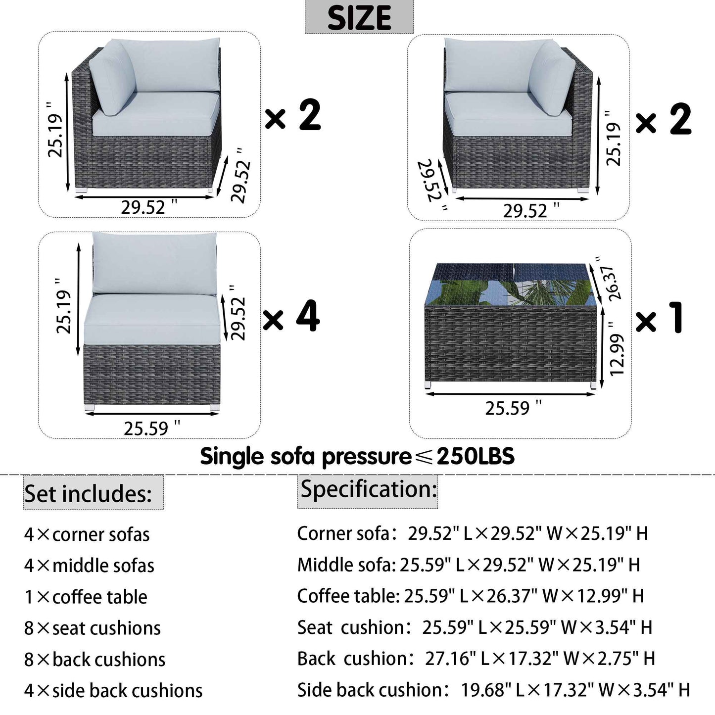 OVIOS Outdoor Sectional Furniture 9-Piece with Cushions and Table