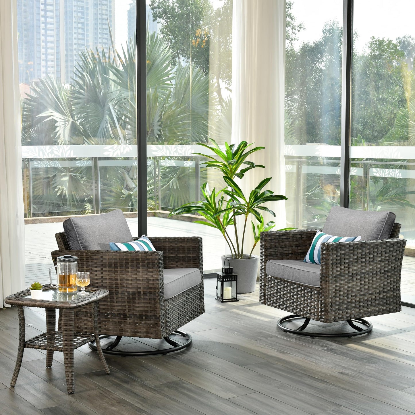 OVIOS Patio Furniture 3-Piece Set with Swivel Chairs and Table Square Shape Armrest