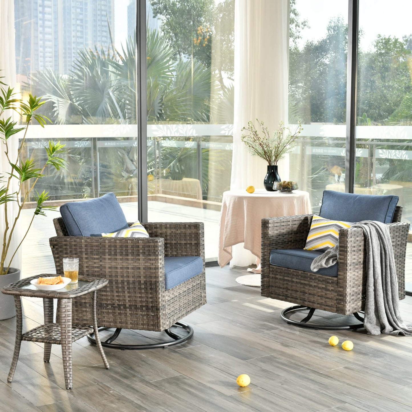 OVIOS Patio Furniture 3-Piece Set with Swivel Chairs and Table Square Shape Armrest