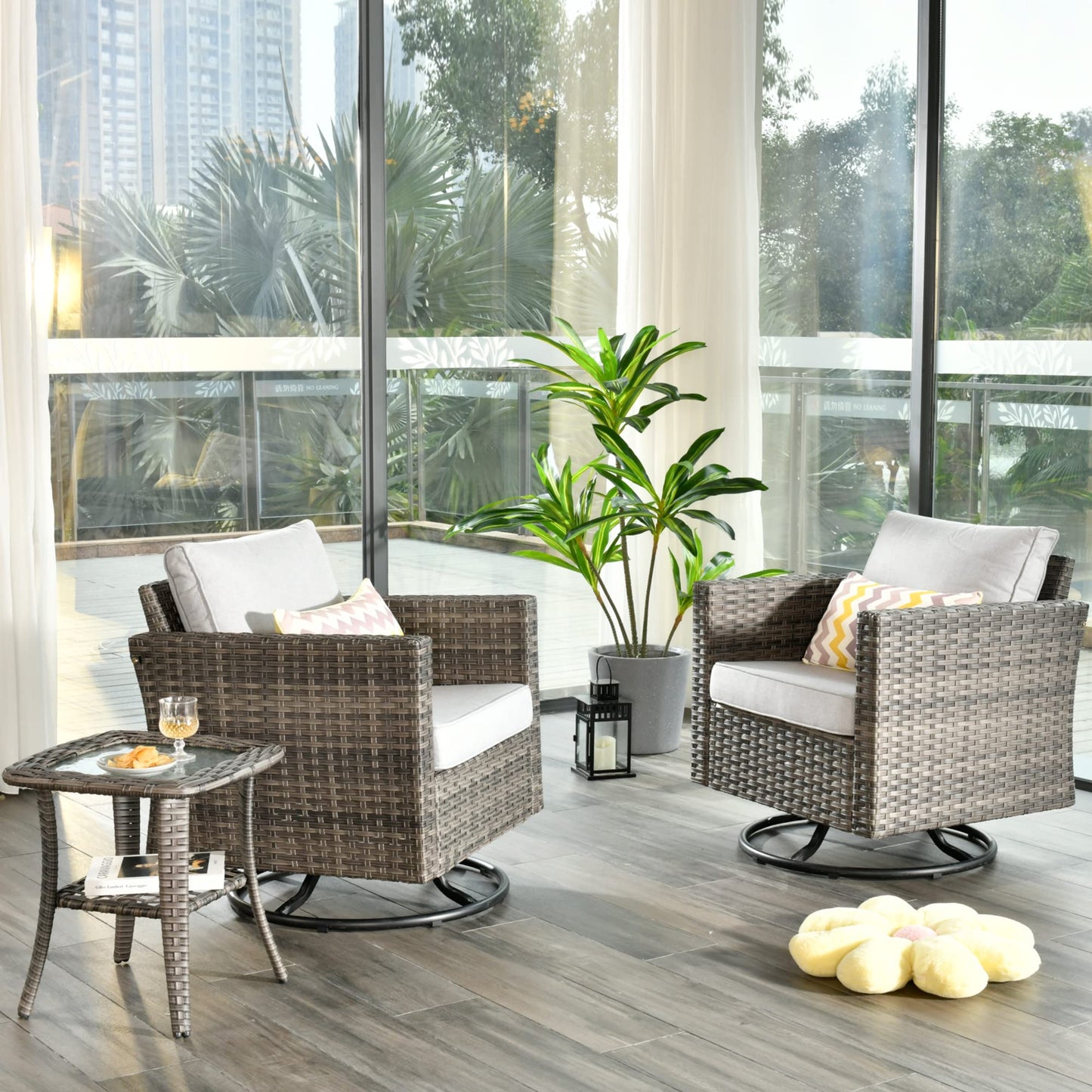 OVIOS Patio Furniture 3-Piece Set with Swivel Chairs and Table Square Shape Armrest