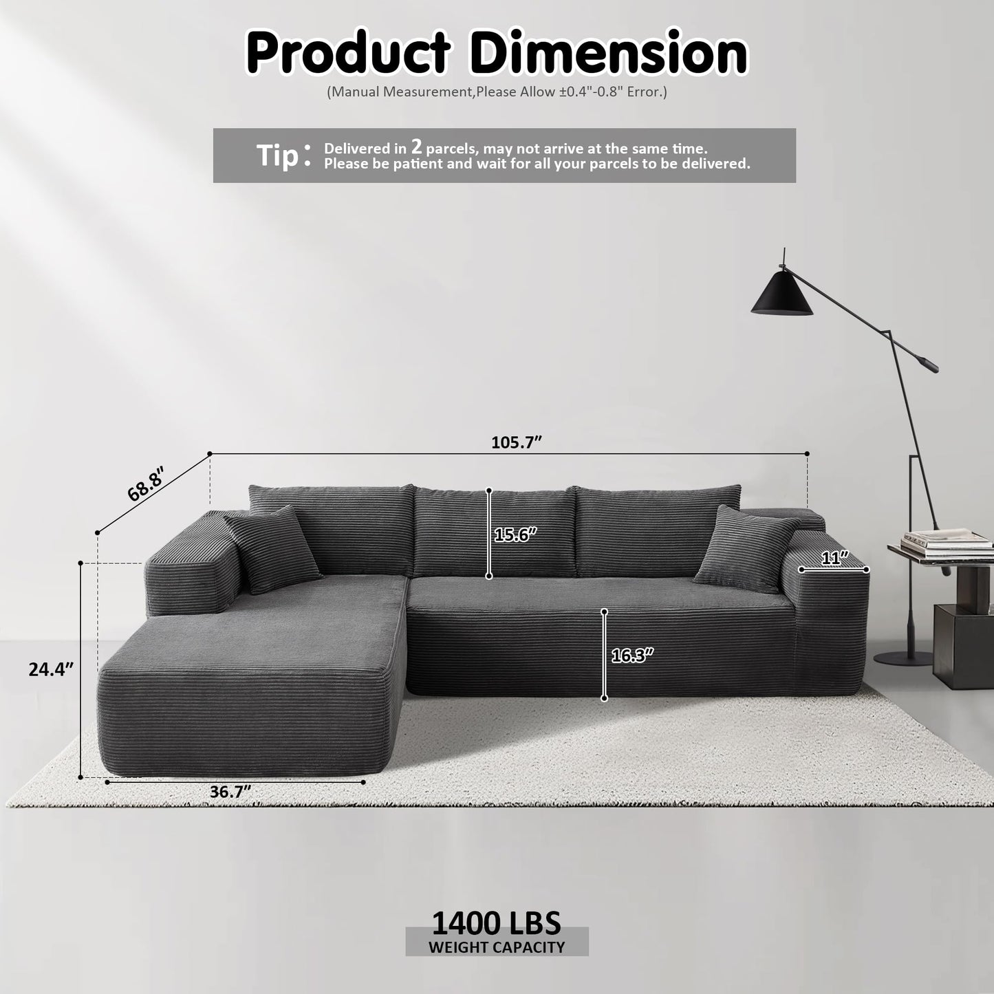 OVIOS 104" L-Shape Modular Couch with Chaise, Plush Corduroy Fabric, No Assembly Required