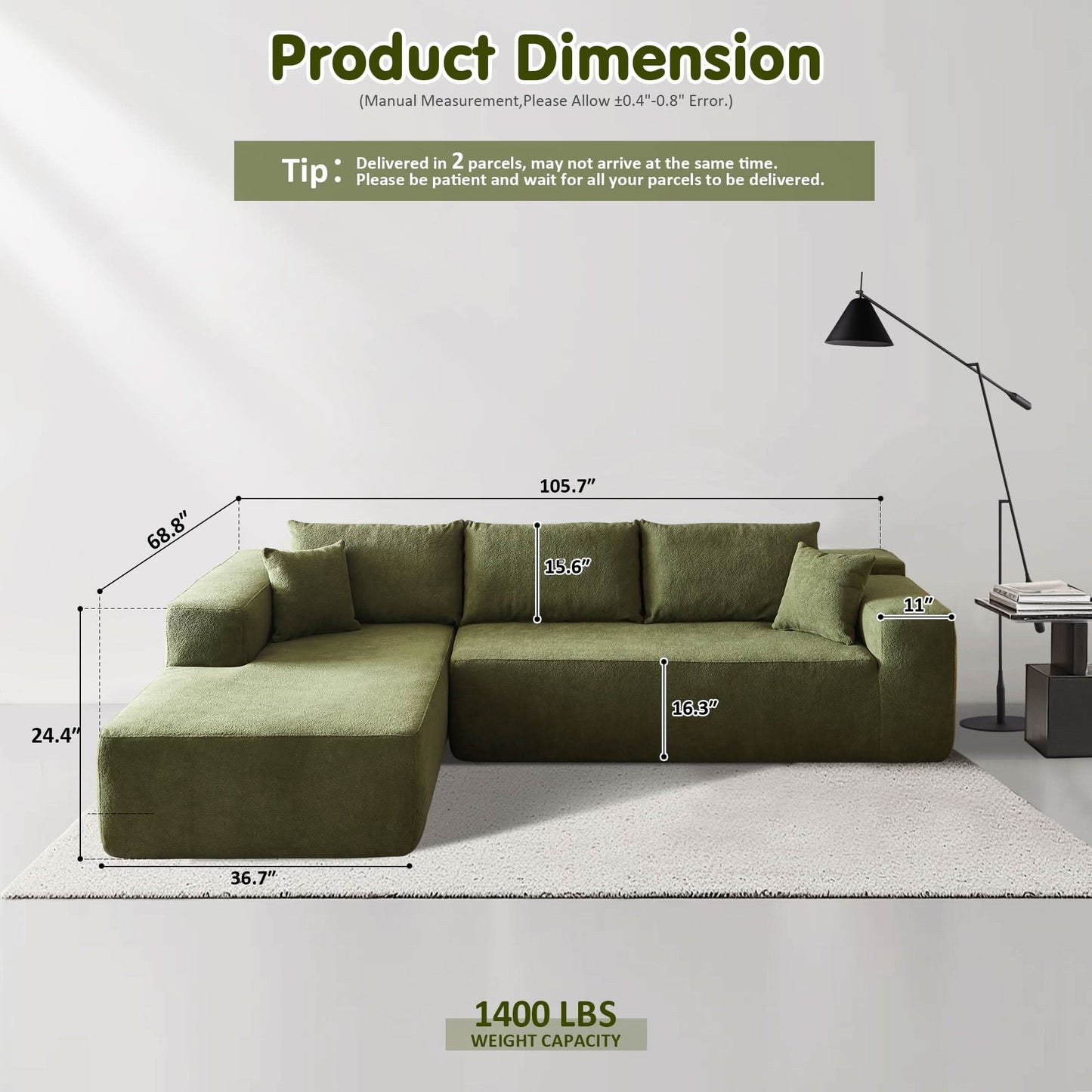 OVIOS 104" L-Shape Modular Couch with Chaise, Plush Corduroy Fabric, No Assembly Required