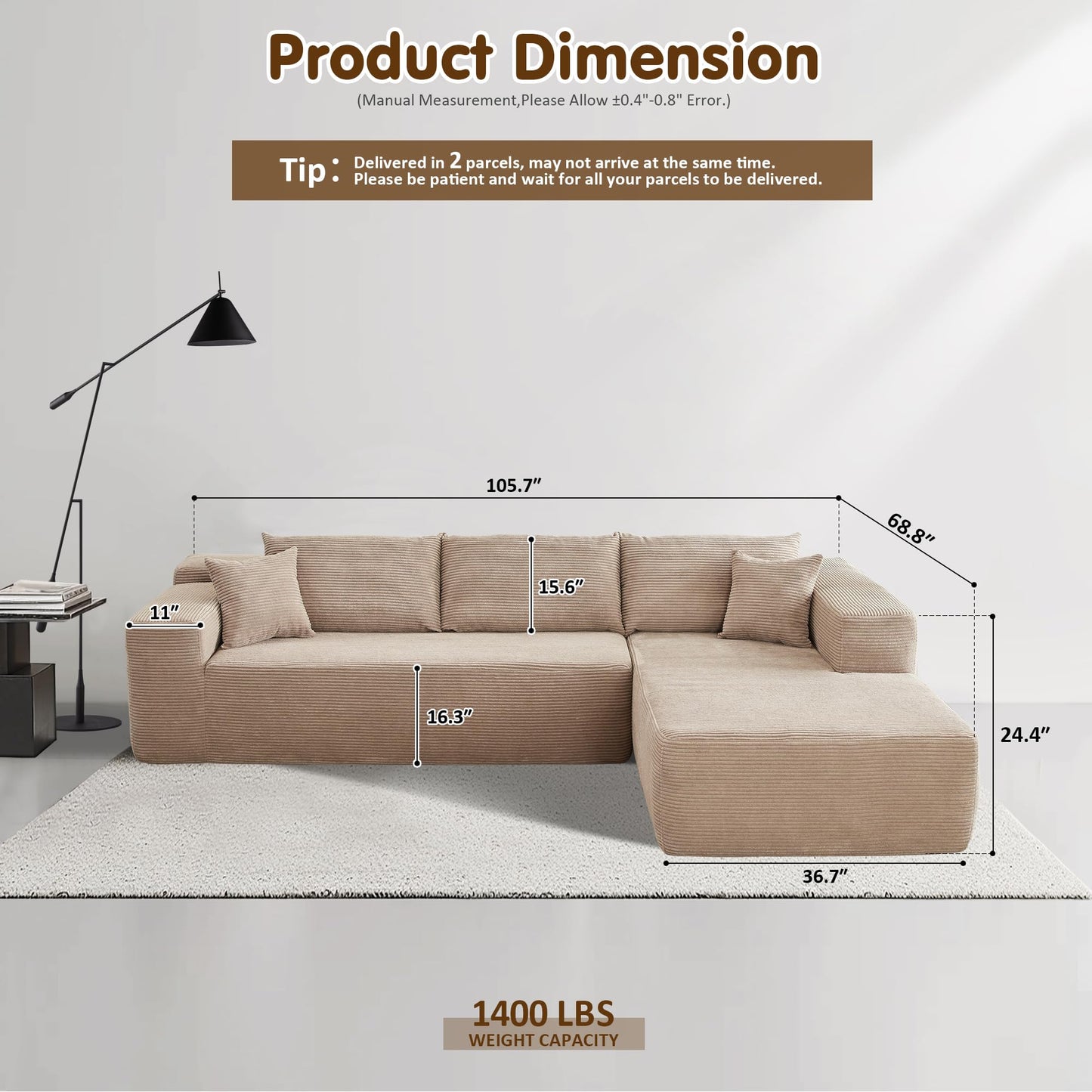 OVIOS 104" L-Shape Modular Couch with Chaise, Plush Corduroy Fabric, No Assembly Required
