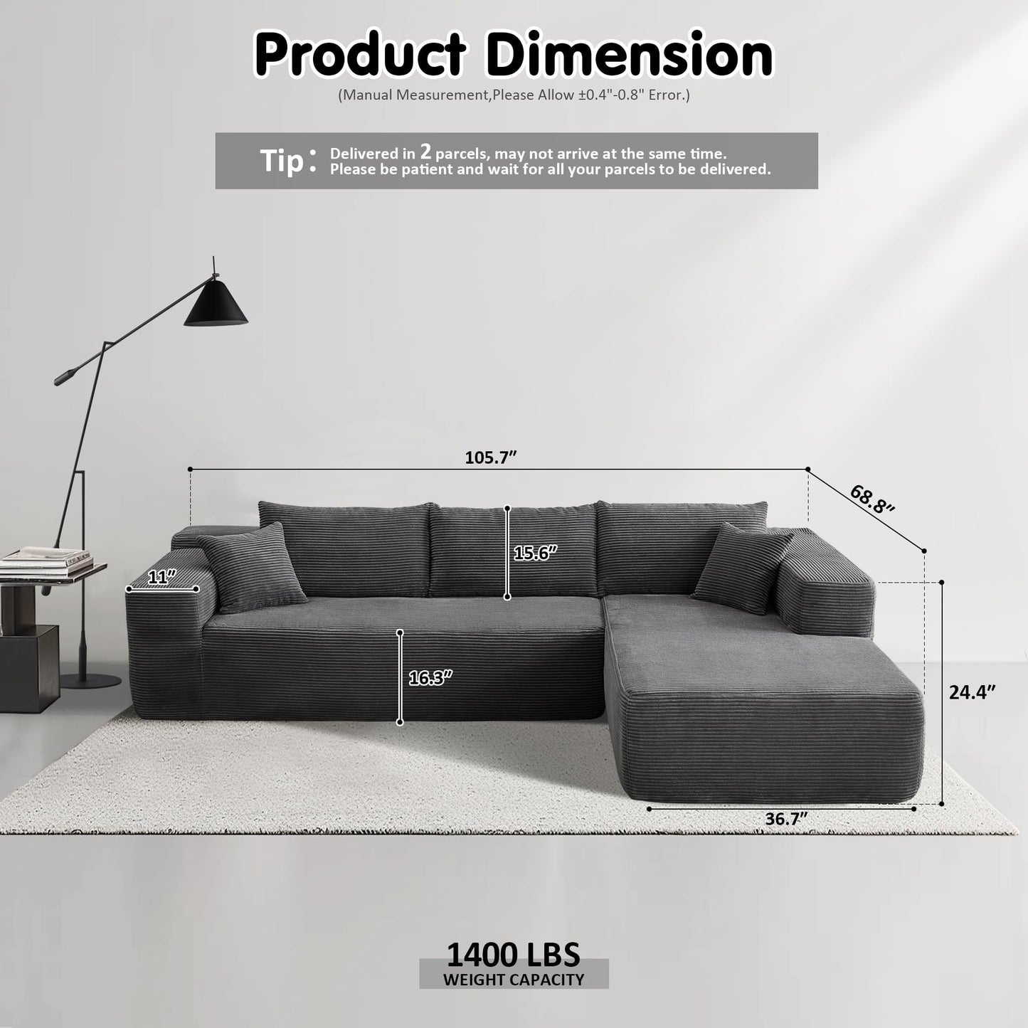 OVIOS 104" L-Shape Modular Couch with Chaise, Plush Corduroy Fabric, No Assembly Required