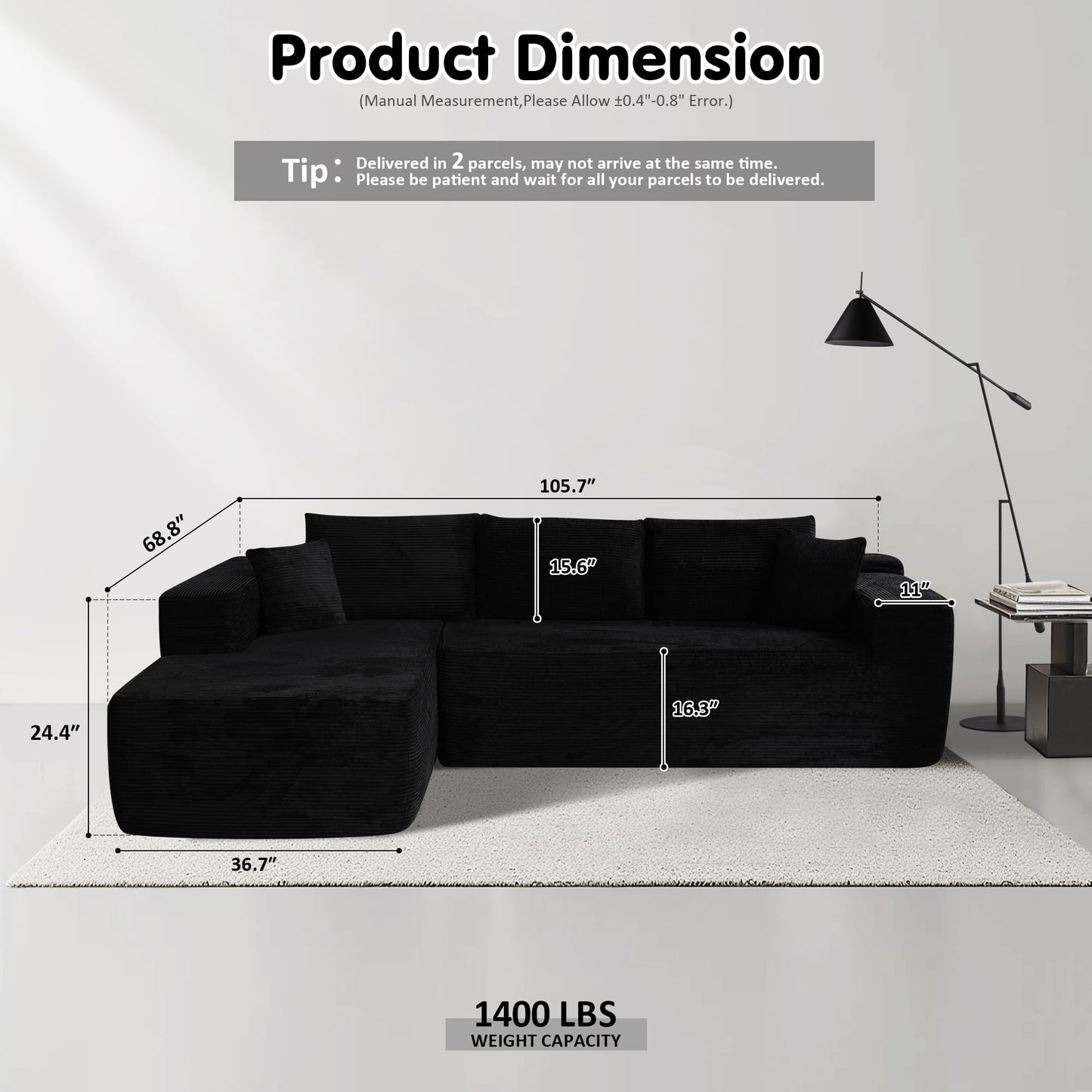 OVIOS 104" L-Shape Modular Couch with Chaise, Plush Corduroy Fabric, No Assembly Required