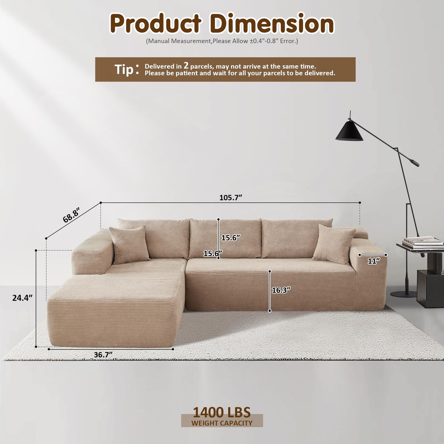 OVIOS 104" L-Shape Modular Couch with Chaise, Plush Corduroy Fabric, No Assembly Required